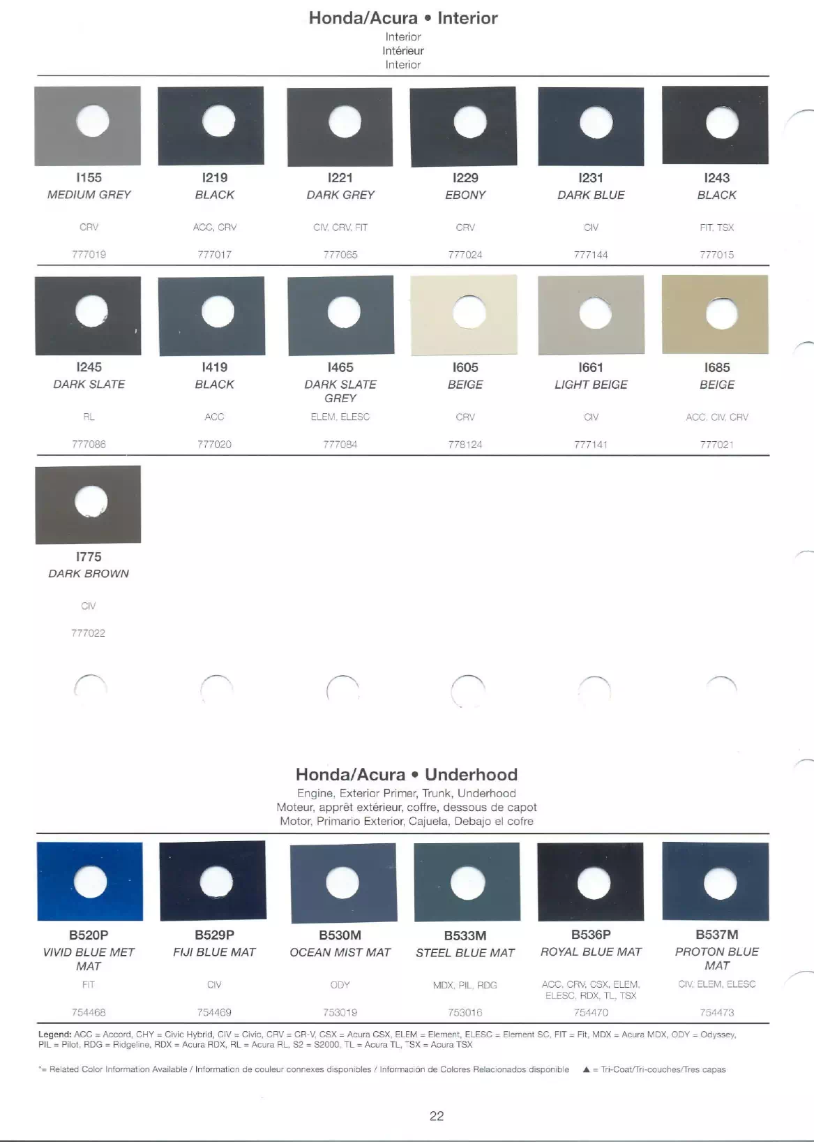 Exterior paint chips and their ordering codes for Honda and Acura Vehicles