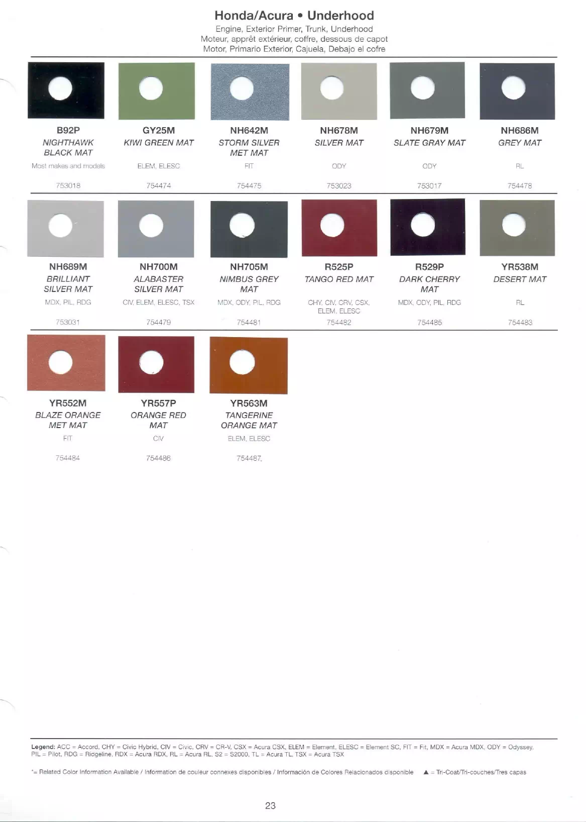 Exterior paint chips and their ordering codes for Honda and Acura Vehicles