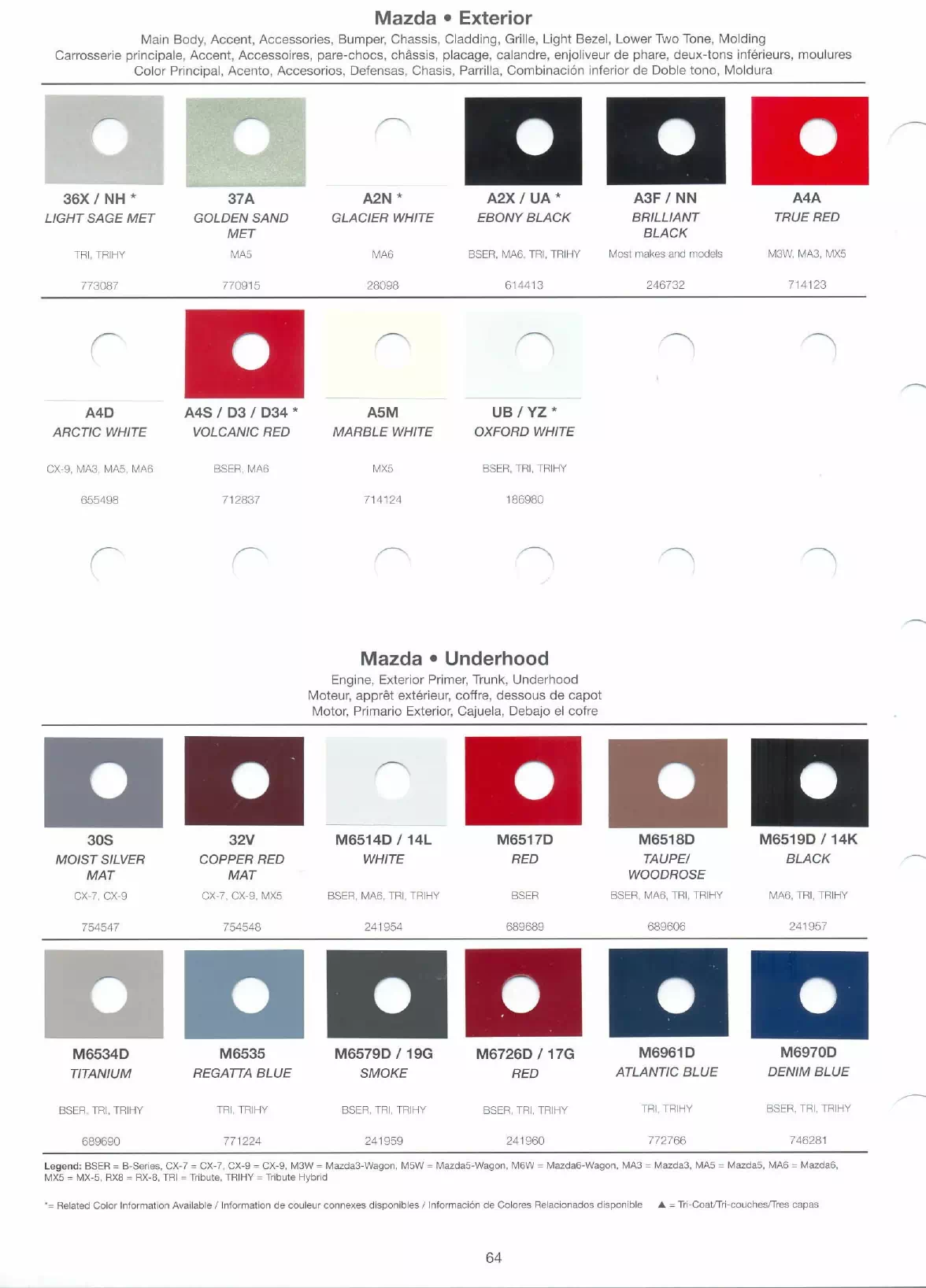 paint codes, color swatches, color names, basf mixing stock numbers and the vehicle they go to for 2008 Mazda models.