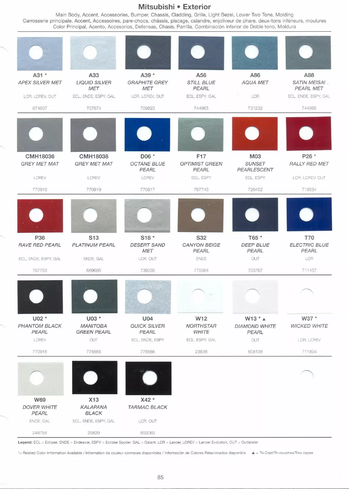 A paint code chart displaying various color swatches and corresponding codes. This chart is used to identify and select specific paint colors for mixing paint and or buying paint for your Mitsubishi vehicle. There are only so many paints used every year. This chart helps you decide what color it is.  