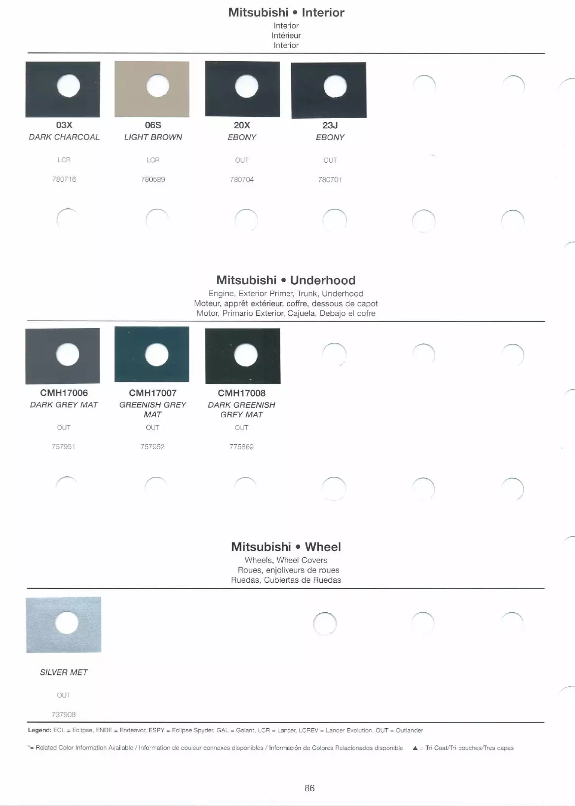 2008 Mitsubishi Paint Codes & Color Chart A paint code chart displaying various color swatches and corresponding codes. This chart is used to identify and select specific paint colors for mixing paint and or buying paint for your Mitsubishi vehicle. There are only so many paints used every year. This chart helps you decide what color it is.