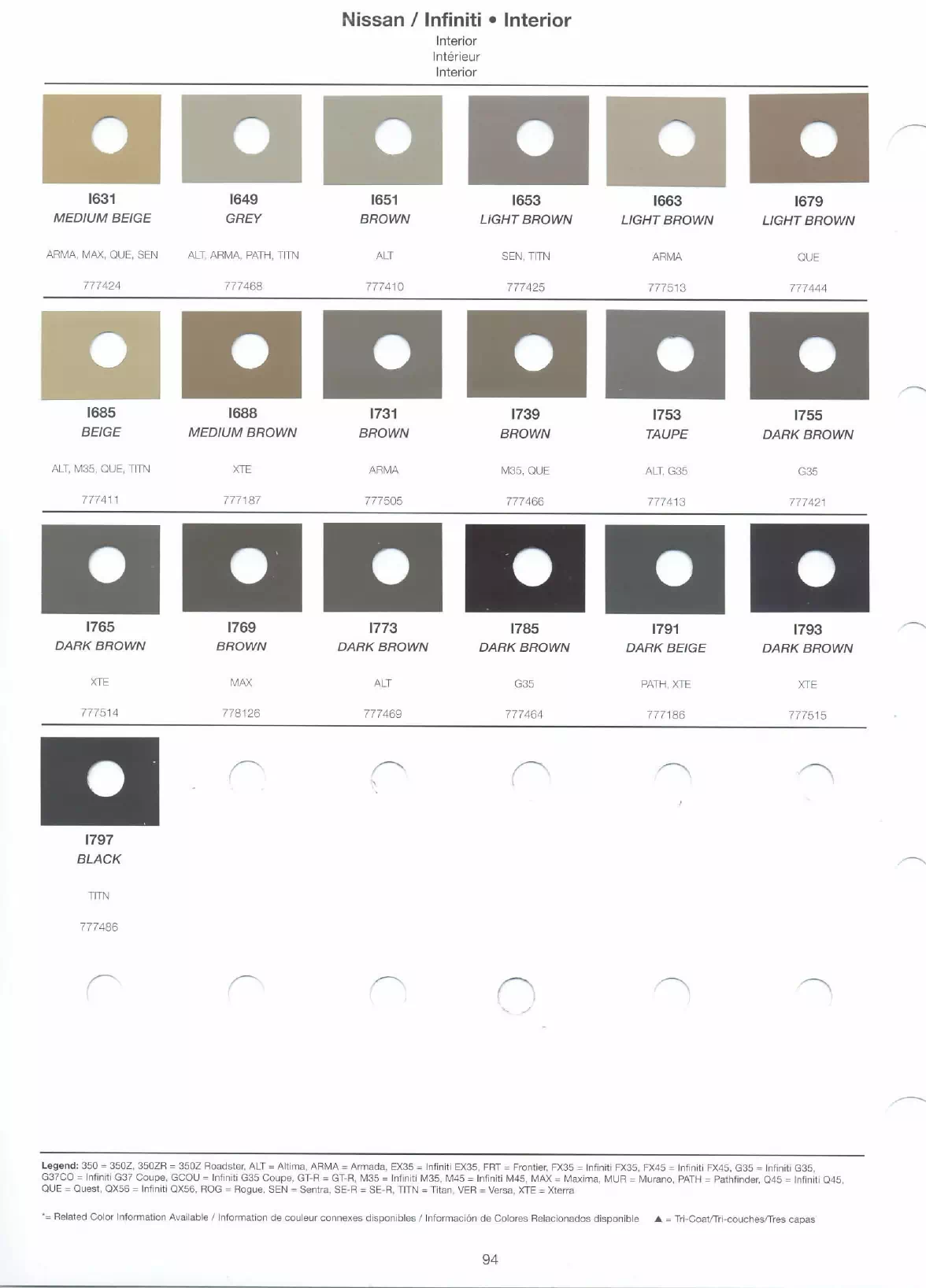 Exterior paint colors for Nissan and Infiniti vehicles and their ordering codes and stock numbers