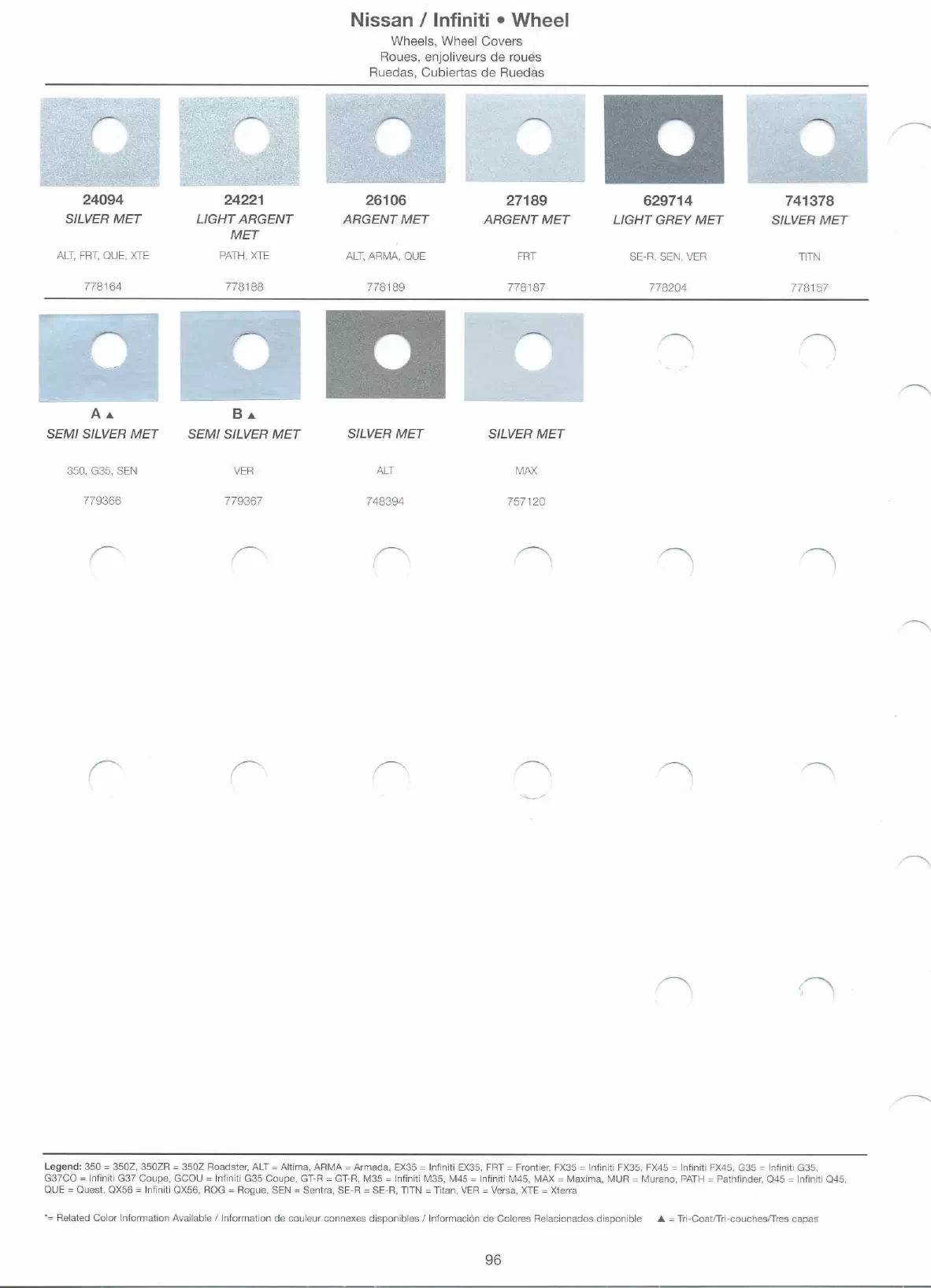 Exterior paint colors for Nissan and Infiniti vehicles and their ordering codes and stock numbers