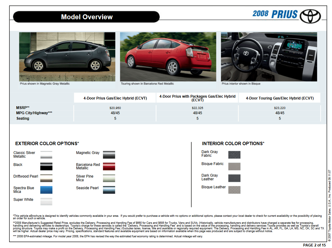 2008 Toyota Prius Paint Chart Exterior Paint Options for the Toyota Prius vehicle