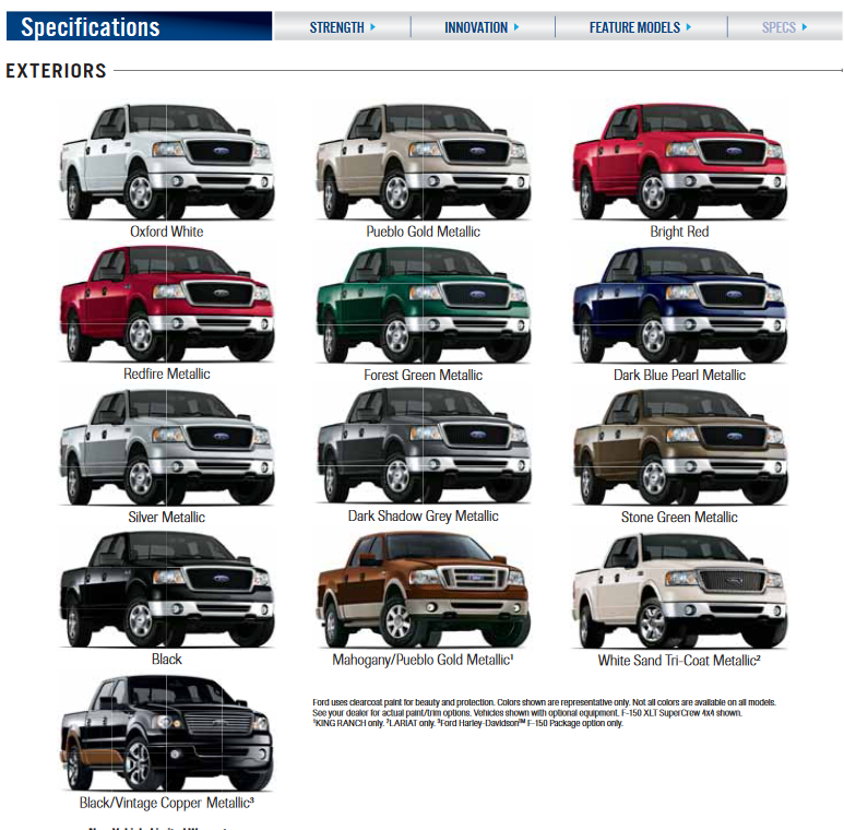 Color swatches, and color names used on Ford F-150 Vehicles