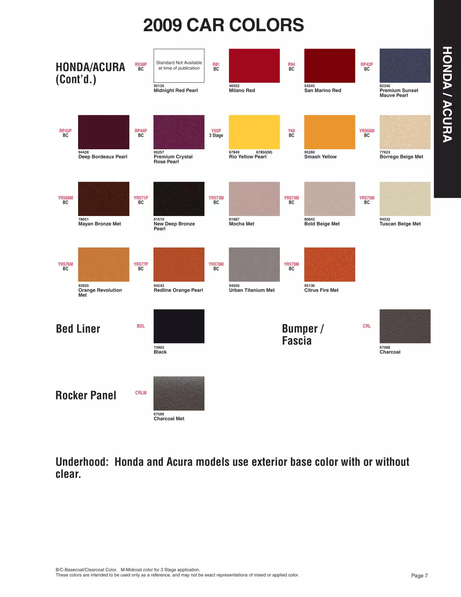 2009 Honda & Acura Paint Codes & Color Chart Paint color examples, their ordering codes, the oem color code, and vehicles the color was used on