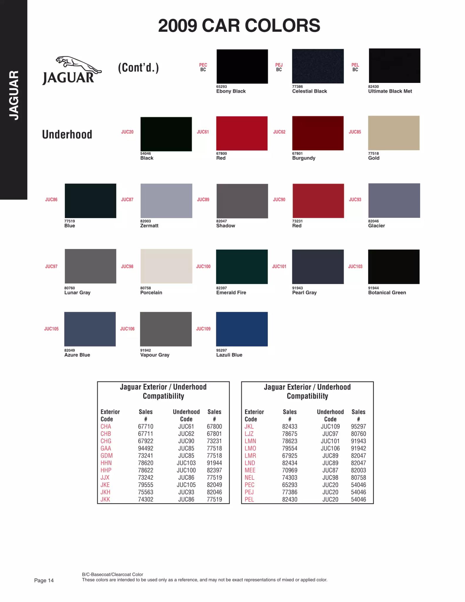 2009 Jaguar Paint Codes & Color Chart Paint color examples, their ordering codes, the oem color code, and vehicles the color was used on