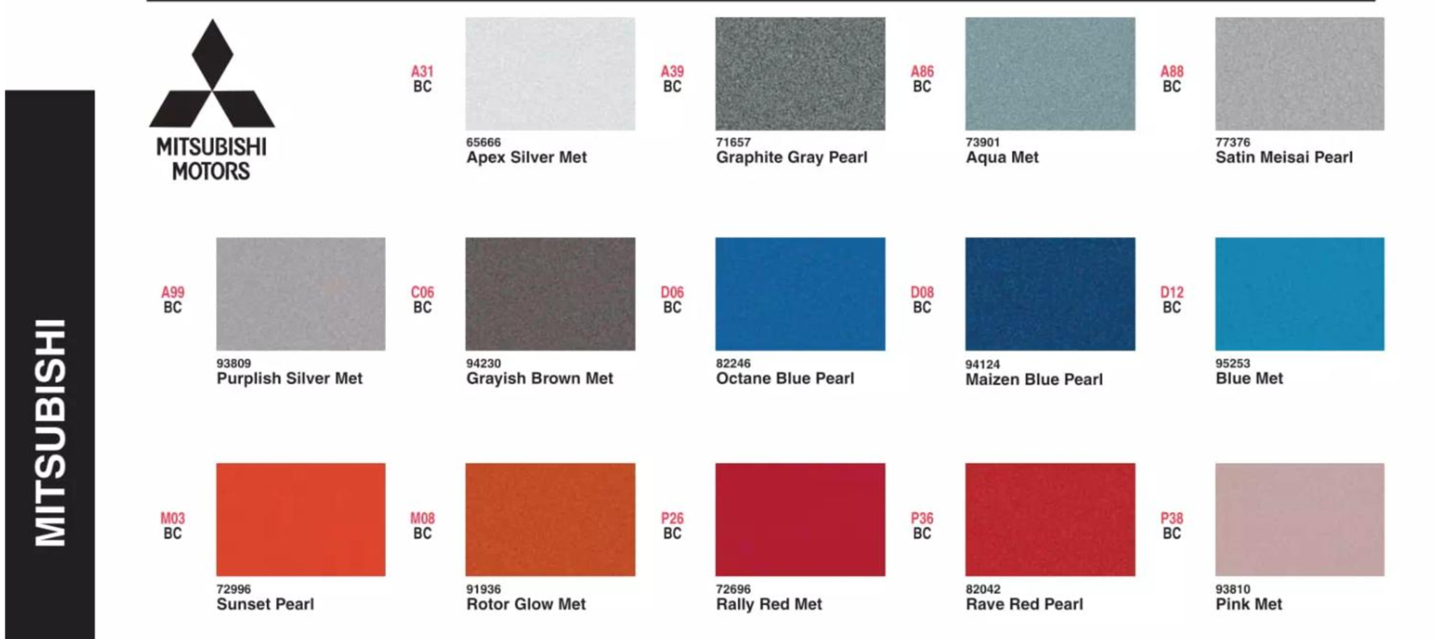 2009 Mitsubishi Paint Codes and Color Chart Page 1 a paint code chart that shows color swatches, their names, and color codes for 2009 Mitsubishi automobiles.