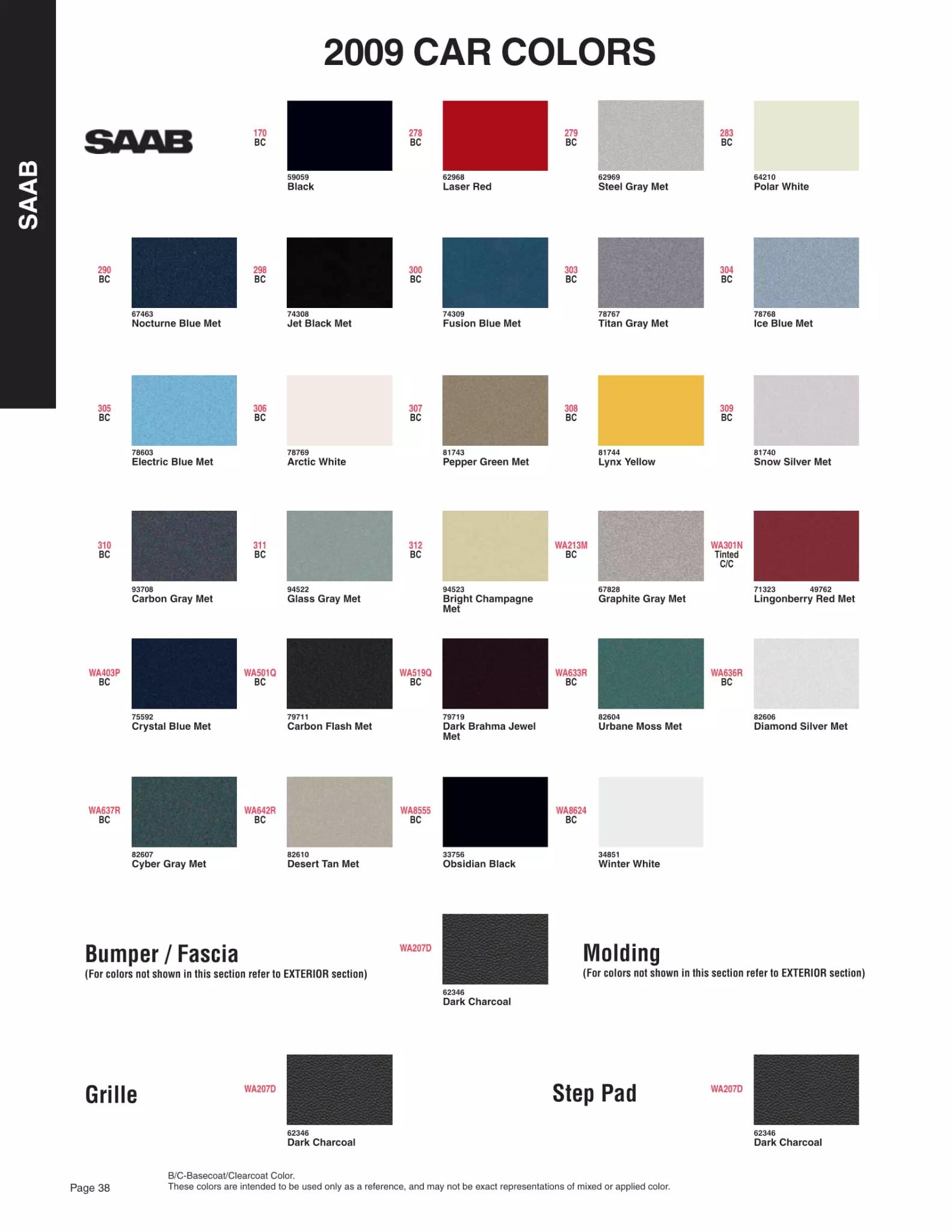 2009 Saab Paint Codes & Color Chart Paint color examples, their ordering codes, the oem color code, and vehicles the color was used on