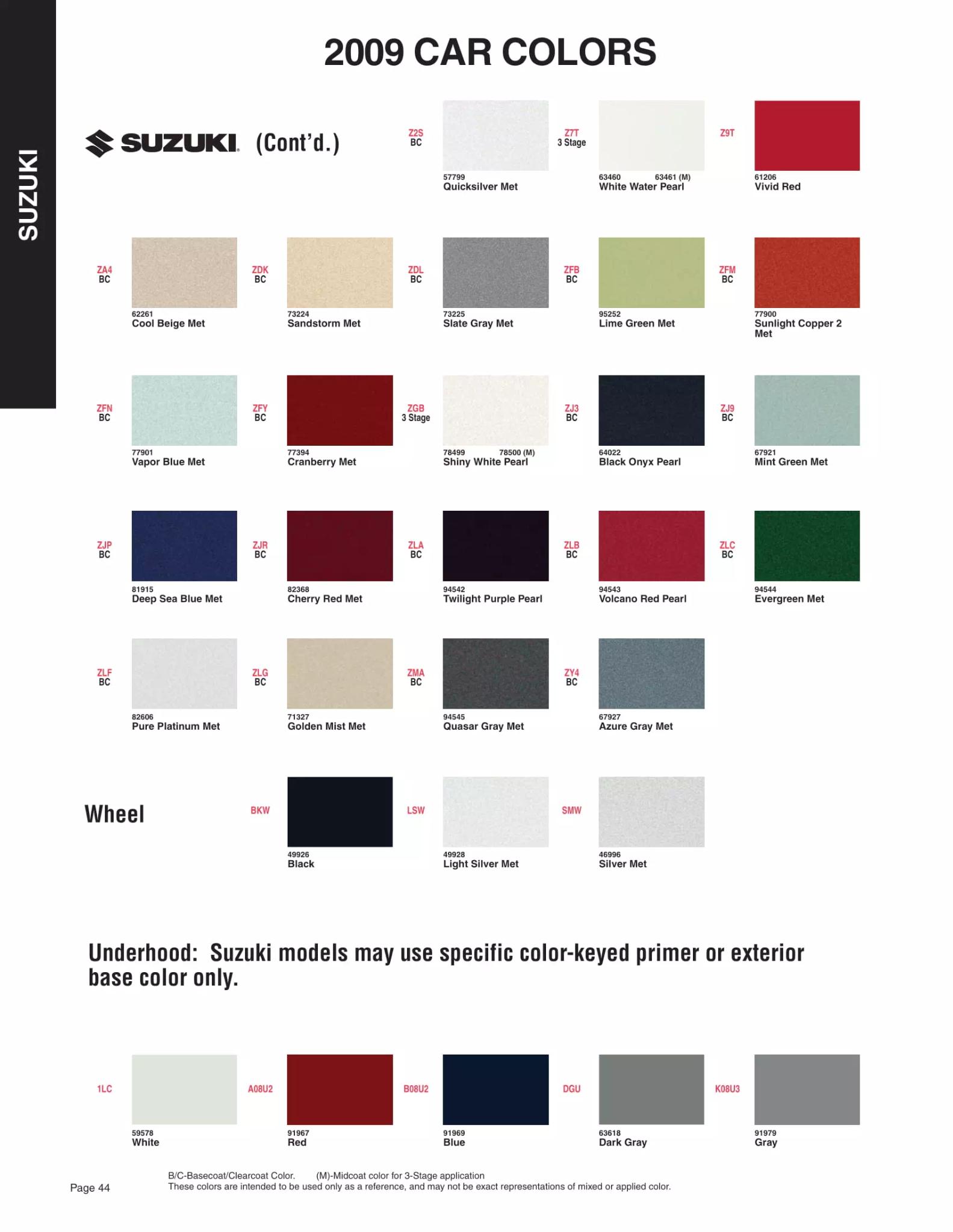 2009 Suzuki Paint Codes & Color Chart Paint color examples, their ordering codes, the oem color code, and vehicles the color was used on