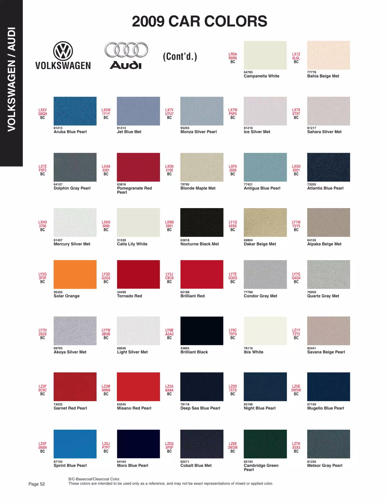 2009 Volkswagen & Audi Paint Codes & Color Chart Paint color examples, their ordering codes, the oem color code, and vehicles the color was used on