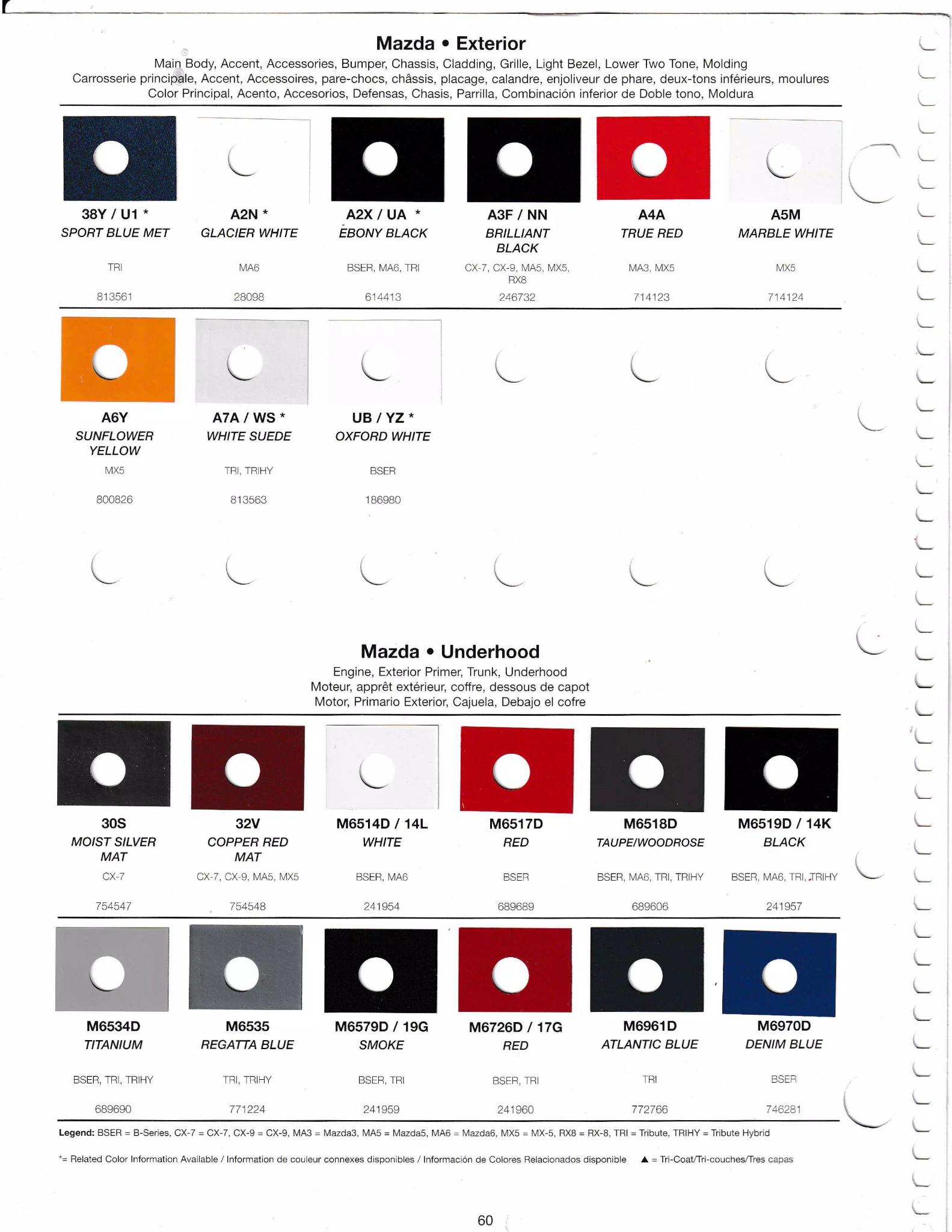 2009 Mazda Paint Codes and Color Chart Page 2 oem paint chips, paint codes, color names, and basf mixing stock numebrs for 2009 model Mazda automobiles.