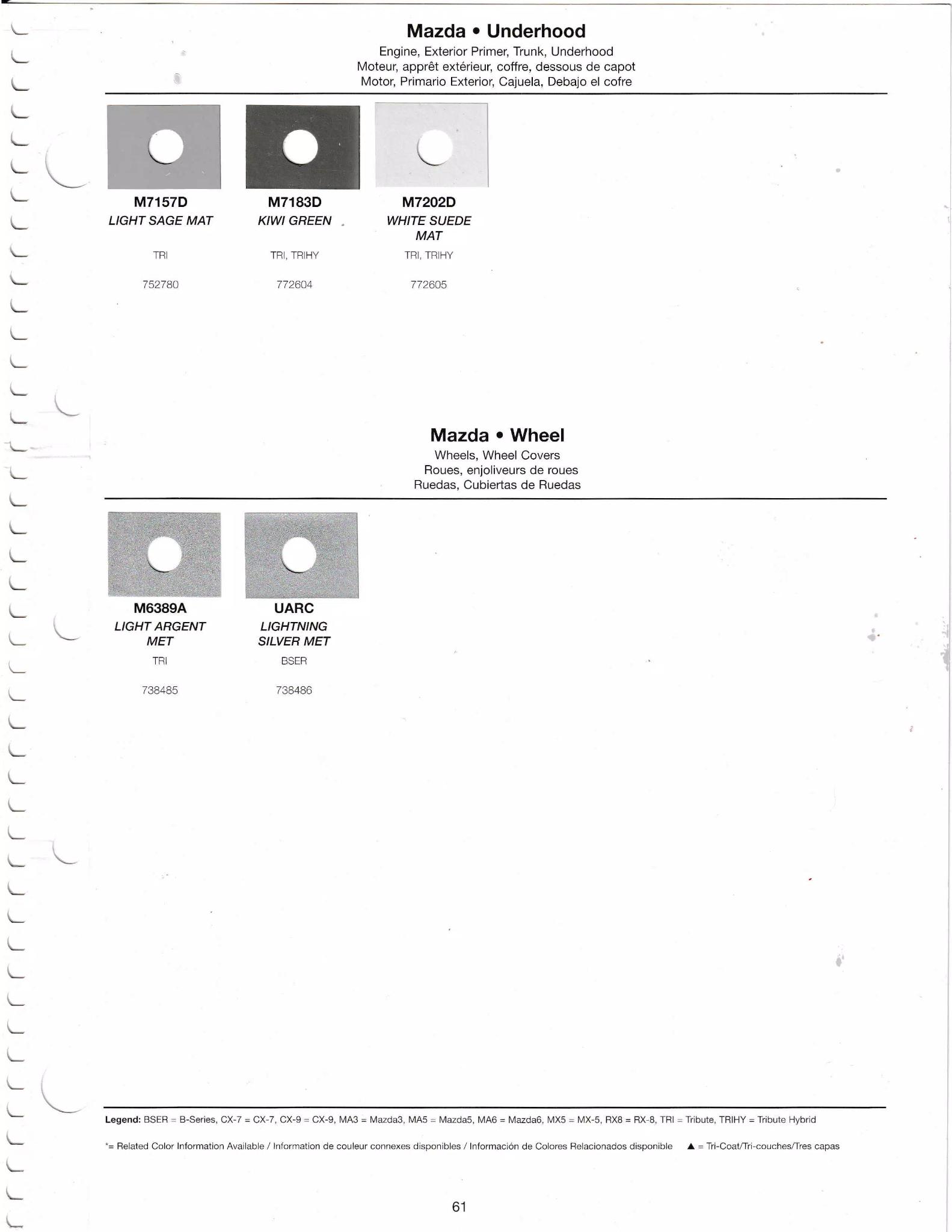 2009 Mazda Paint Codes and Color Chart Page 3 oem paint chips, paint codes, color names, and basf mixing stock numebrs for 2009 model Mazda automobiles.