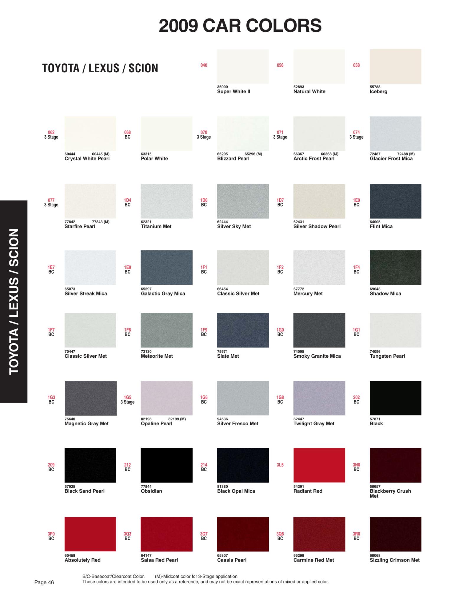 2009 Toyota, Lexus & Scion Paint Codes & Color Chart Toyoto / Lexus Paint Code and Color Chart
