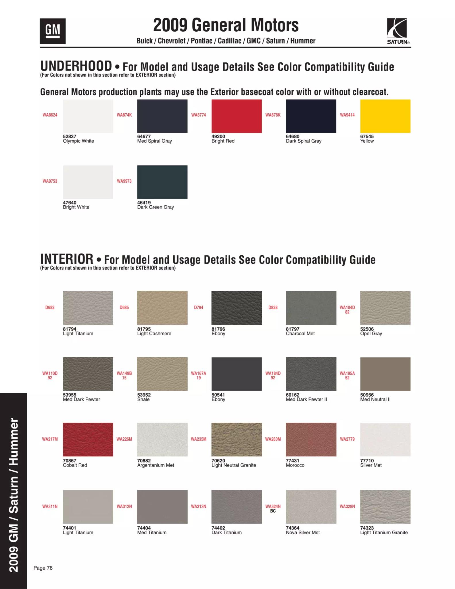 2009 General Motors, Buick, Cadillac, Chevrolet, Pontiac, Saturn & GMC Paint Codes & Color Chart Paint color examples, their ordering codes, the oem color code, and vehicles the color was used on