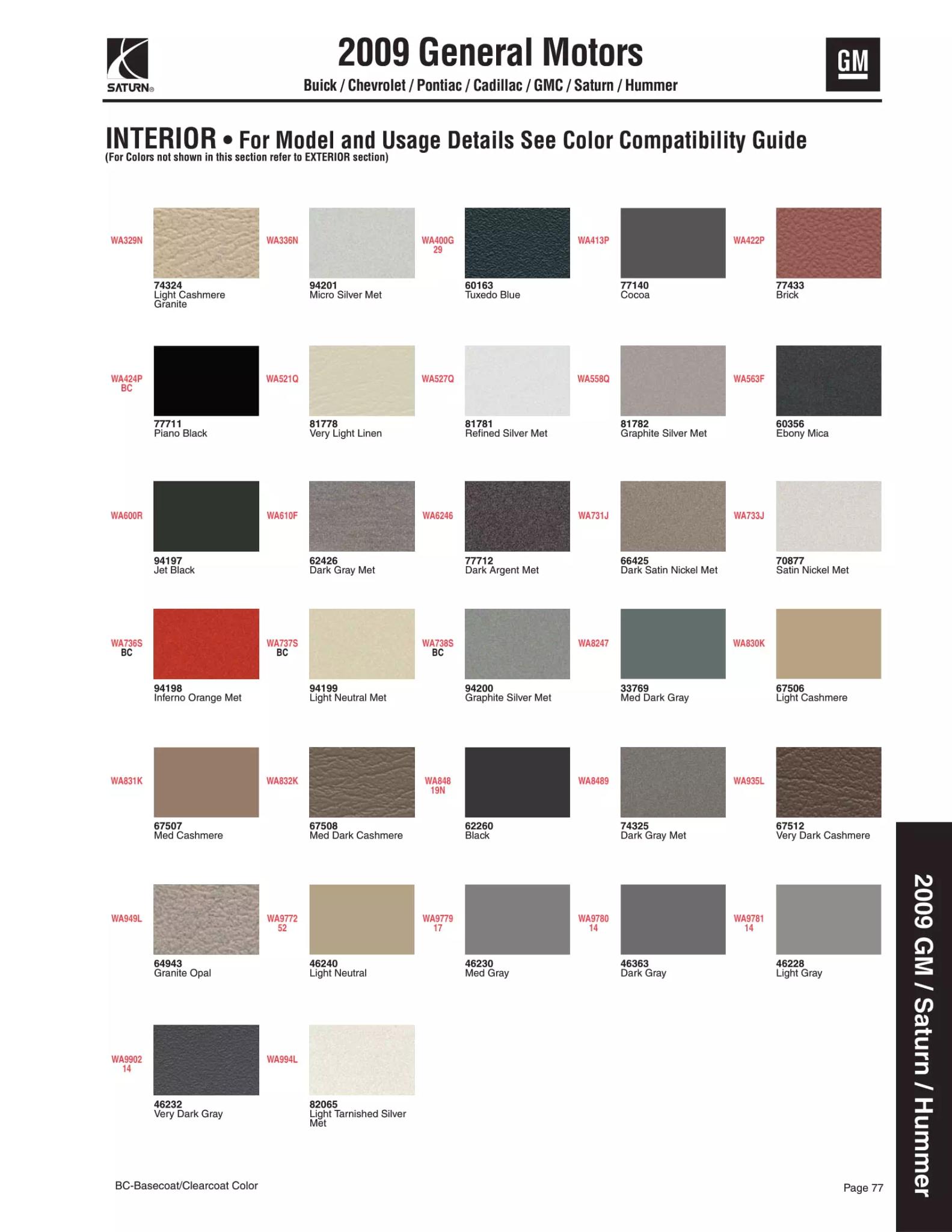 2009 General Motors, Buick, Cadillac, Chevrolet, Pontiac, Saturn & GMC Paint Codes & Color Chart Paint color examples, their ordering codes, the oem color code, and vehicles the color was used on