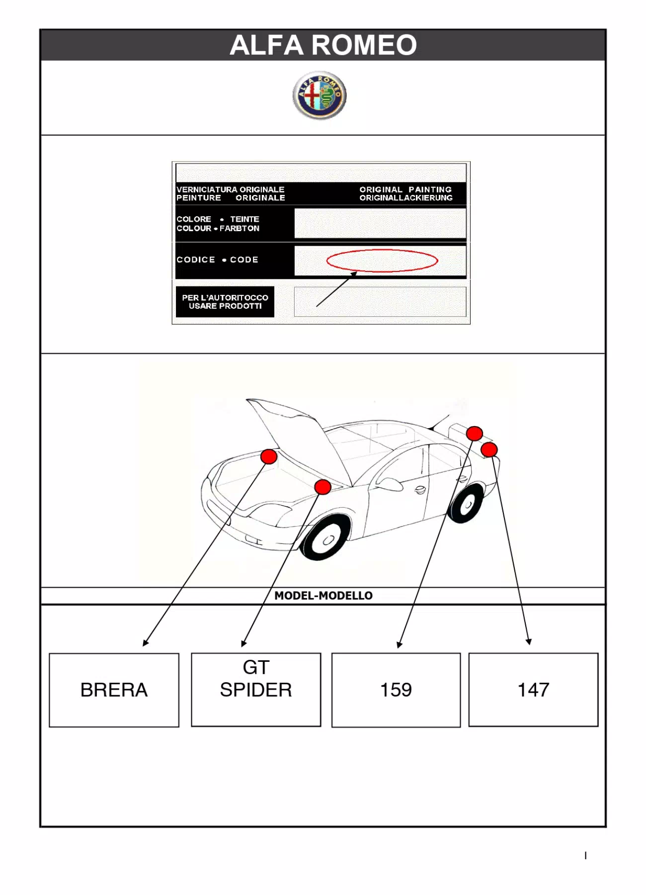 A picture of a diagram showing how to look up the paint code for a 2010 Alfa Romeo automobile