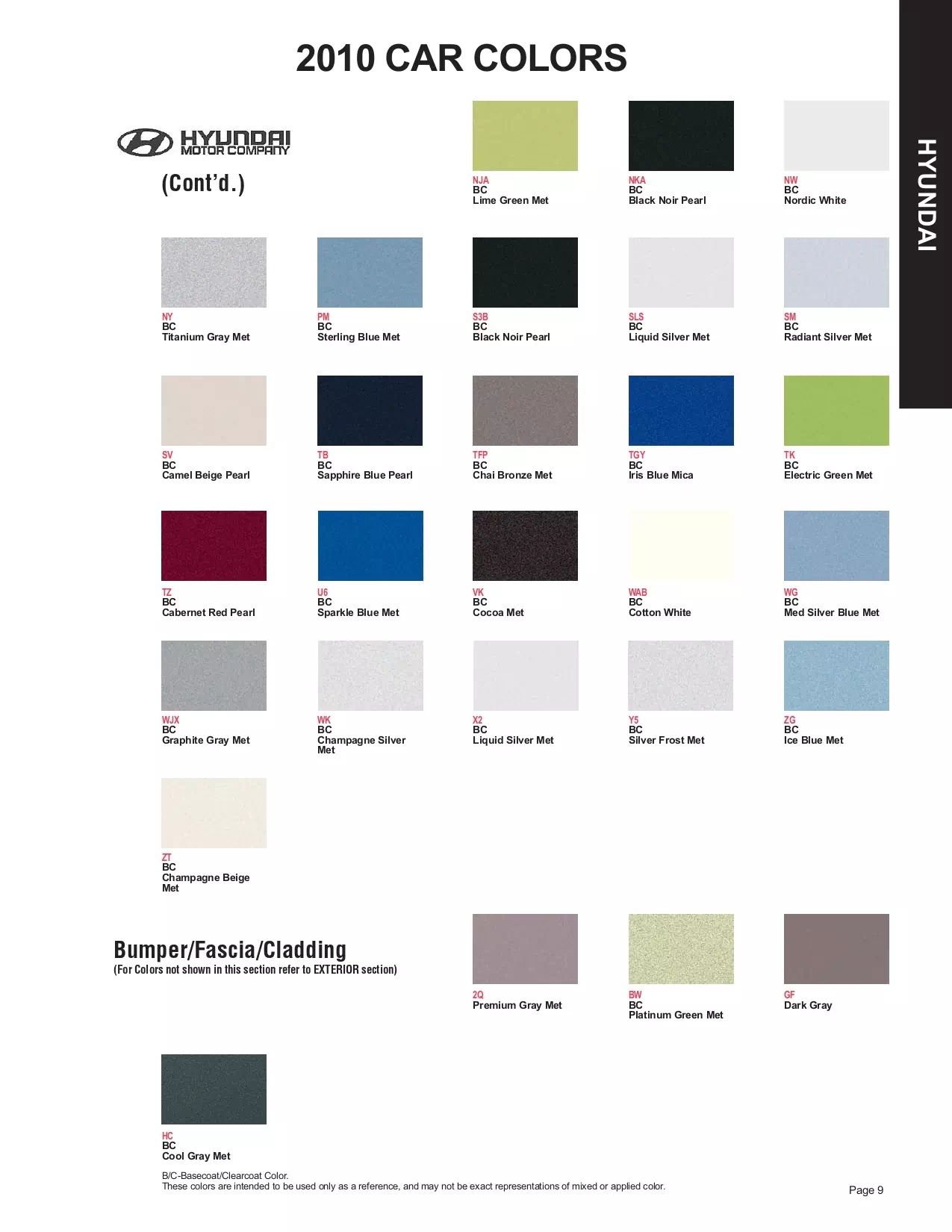 2010 Hyundai Paint Codes & Color Chart Page 3