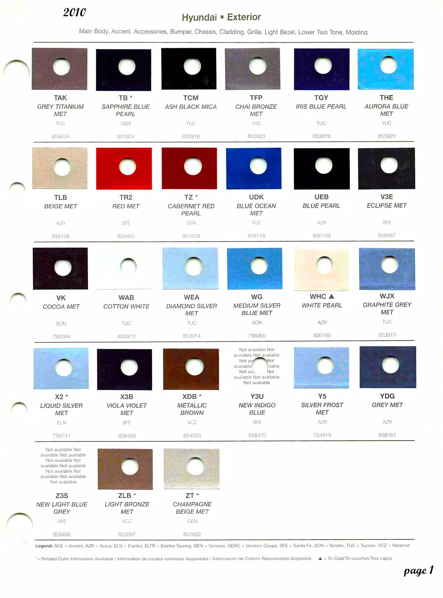 Paint color swatches, color names, mixing stock numbers, and the vehicle they go to for 2010 Hyundai automobiles.