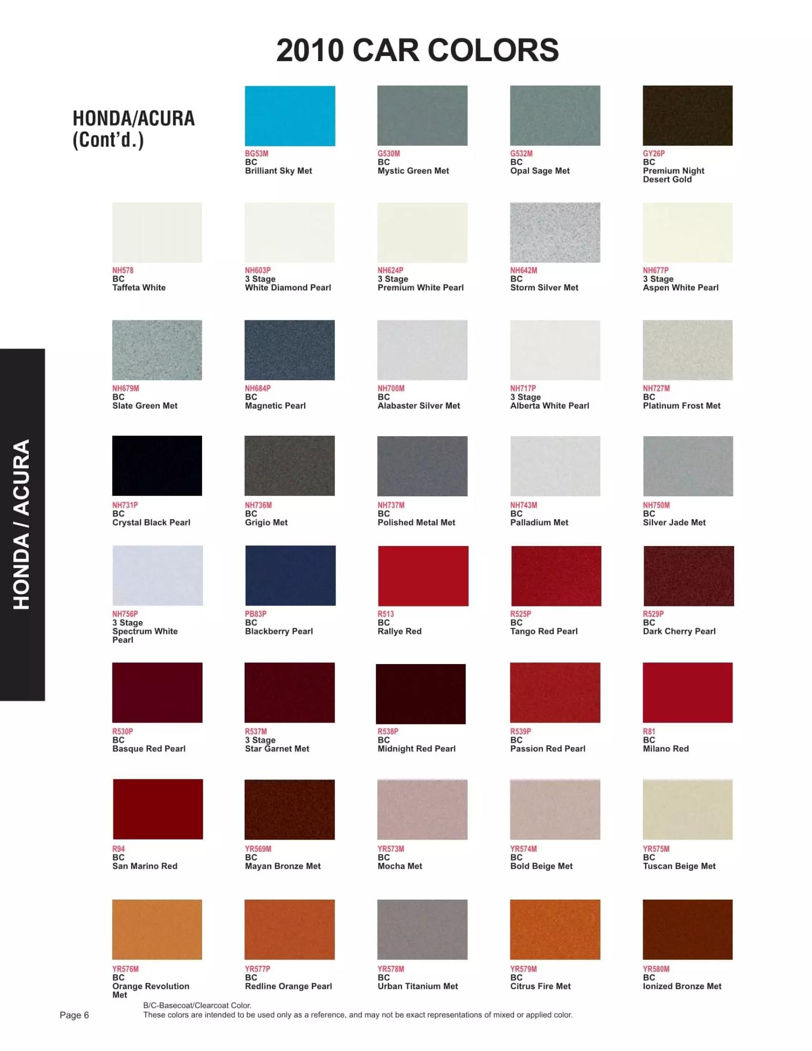 2010 Honda & Acura Paint Codes & Color Chart Paint color examples, their ordering codes, the oem color code, and vehicles the color was used on