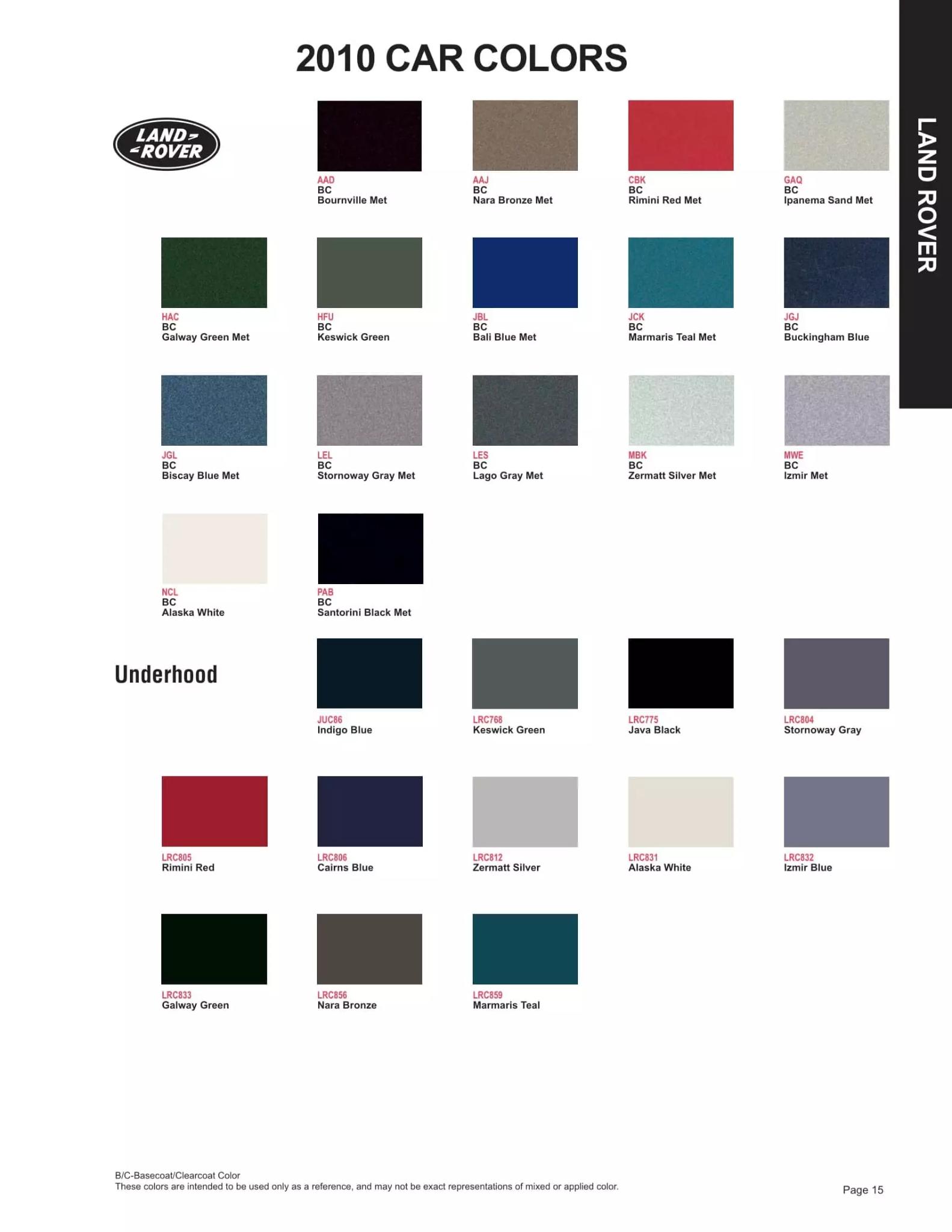 2010 Land Rover Paint Codes & Color Chart Paint color examples, their ordering codes, the oem color code, and vehicles the color was used on