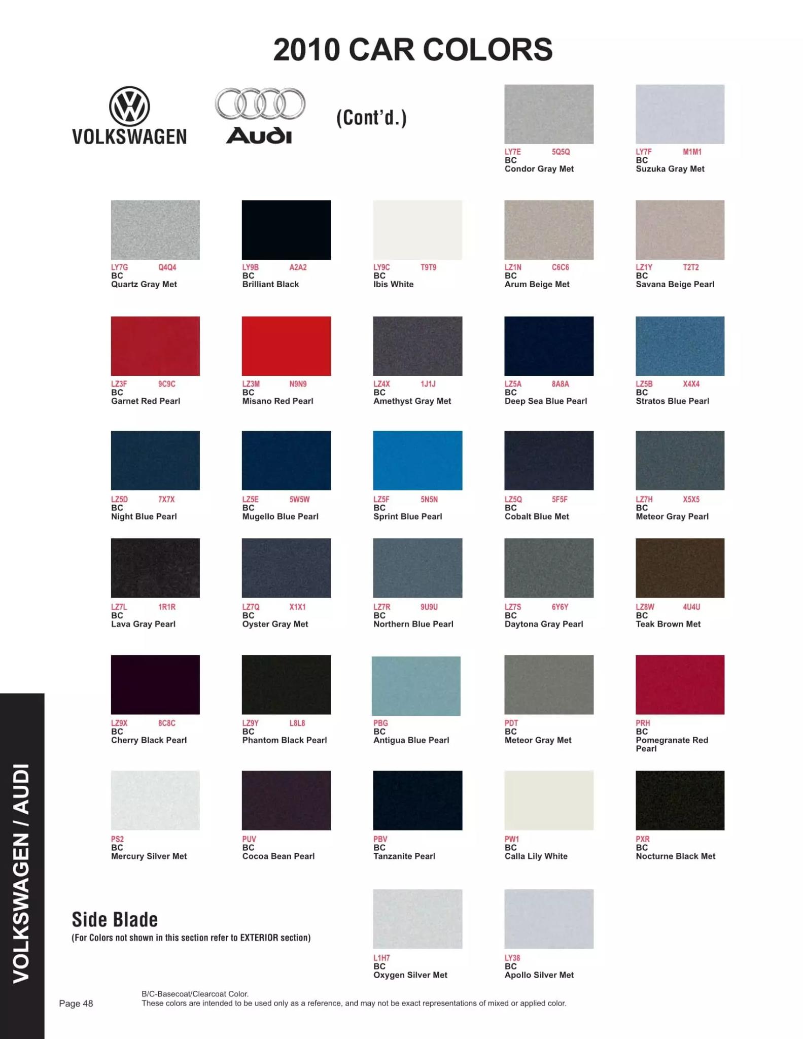 2010 Volkswagen & Audi Paint Codes & Color Chart Paint color examples, their ordering codes, the oem color code, and vehicles the color was used on