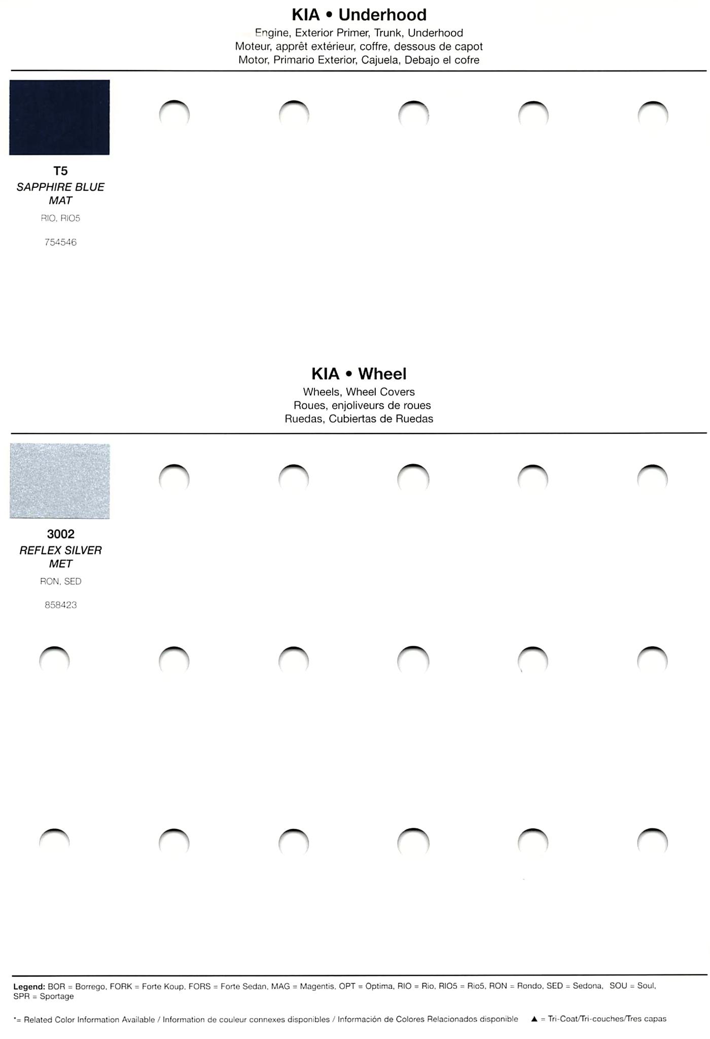 color swatches and codes for various models of kia in 2010