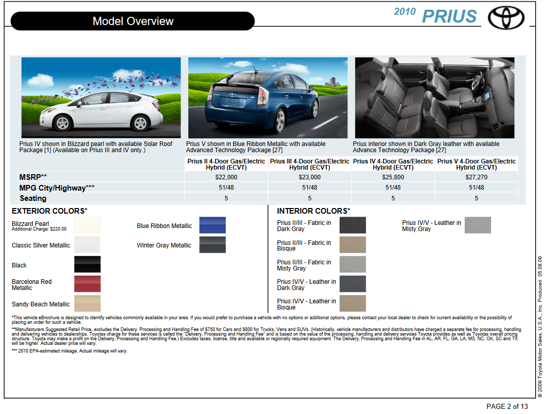 2010 Toyota Prius Paint Chart Exterior Paint Options for the Toyota Prius vehicle