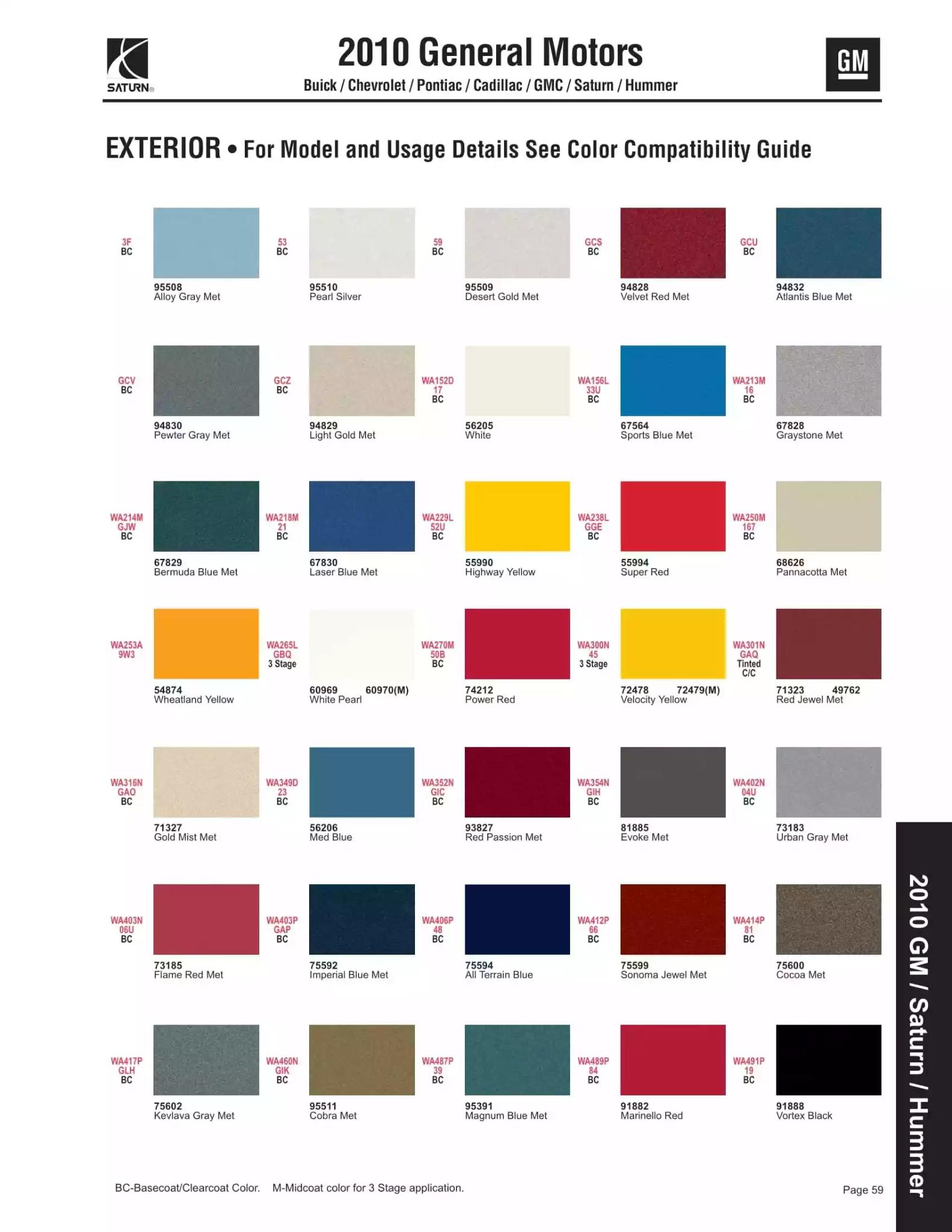 2010 General Motors Company Paint Codes and Color Chart Paint color examples, their ordering codes, the oem color code, and vehicles the color was used on