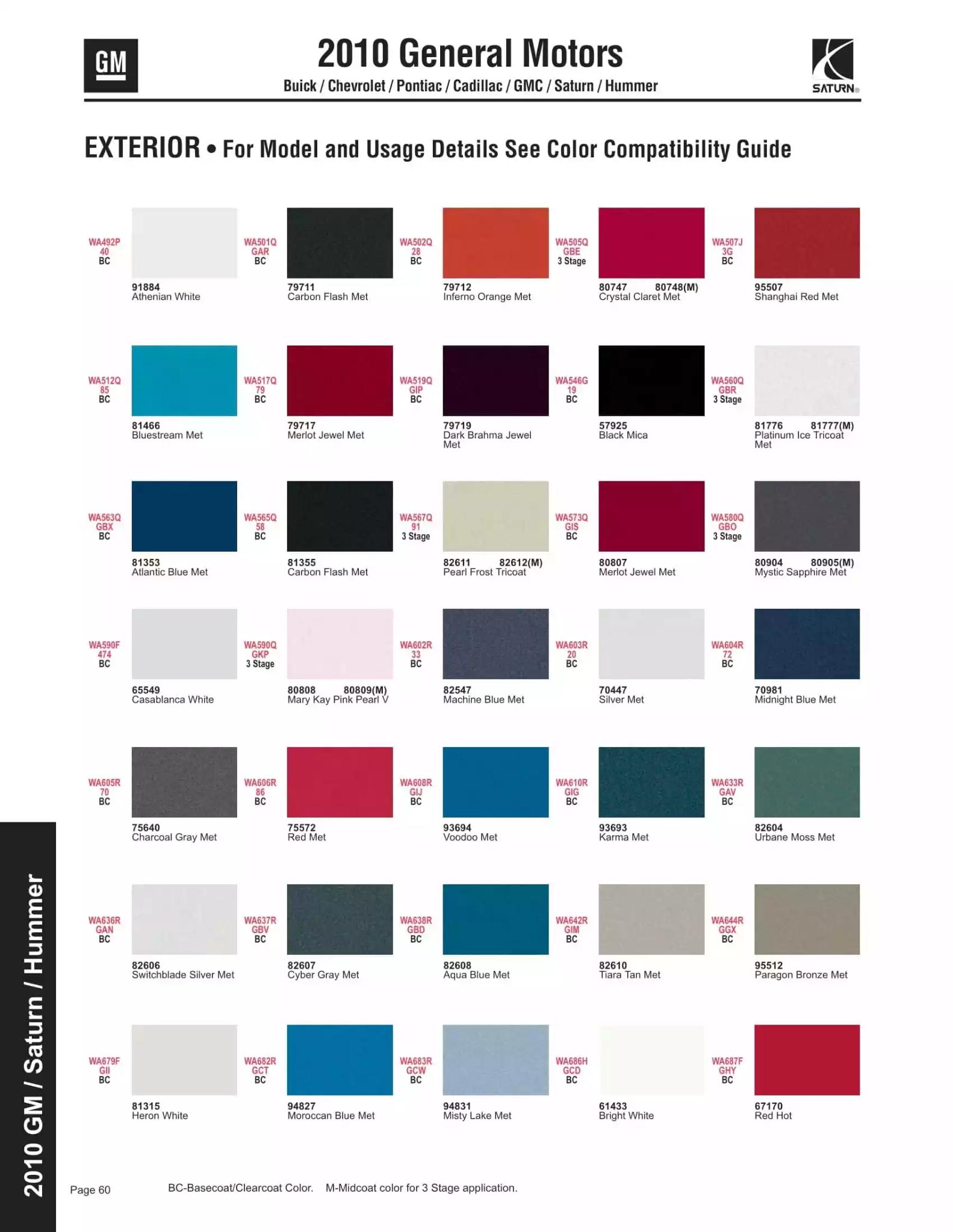 2010 General Motors Company Paint Codes and Color Chart Paint color examples, their ordering codes, the oem color code, and vehicles the color was used on