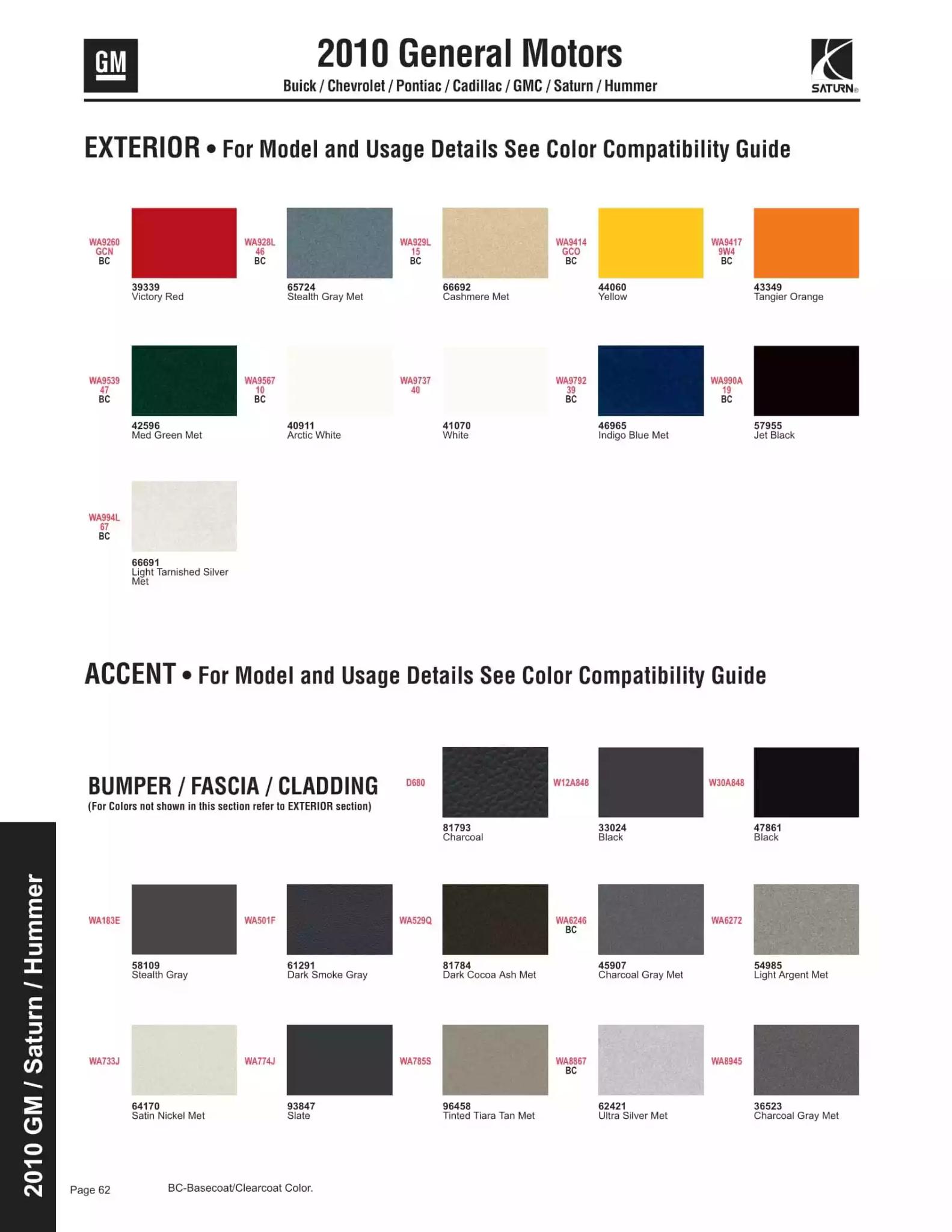 2010 General Motors Company Paint Codes and Color Chart Paint color examples, their ordering codes, the oem color code, and vehicles the color was used on