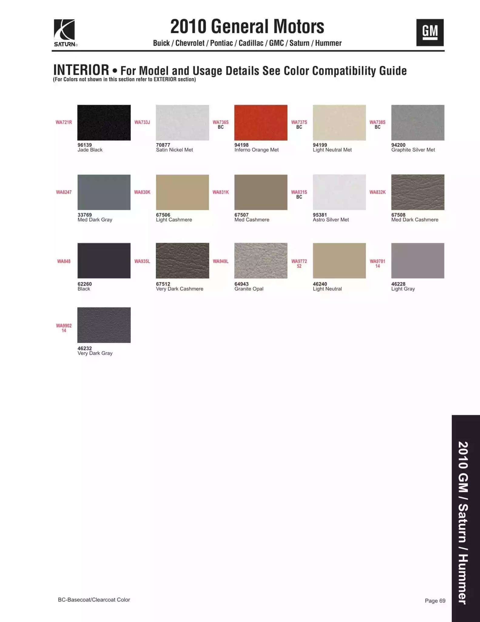 2010 General Motors Company Paint Codes and Color Chart Paint color examples, their ordering codes, the oem color code, and vehicles the color was used on