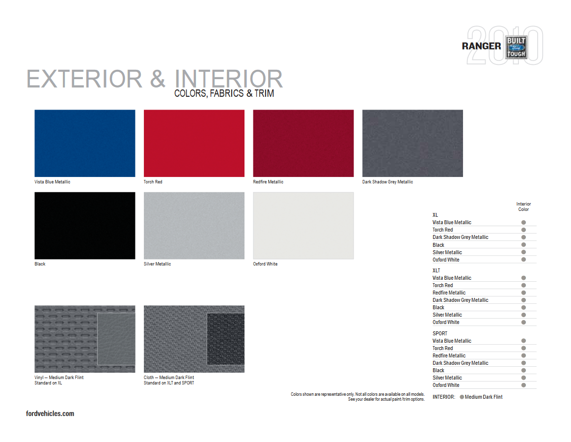 Color Chart for the Ford Ranger vehicle