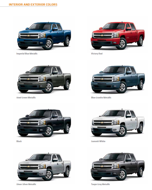 paint colors used on the exterior of chevrolet silverado trucks