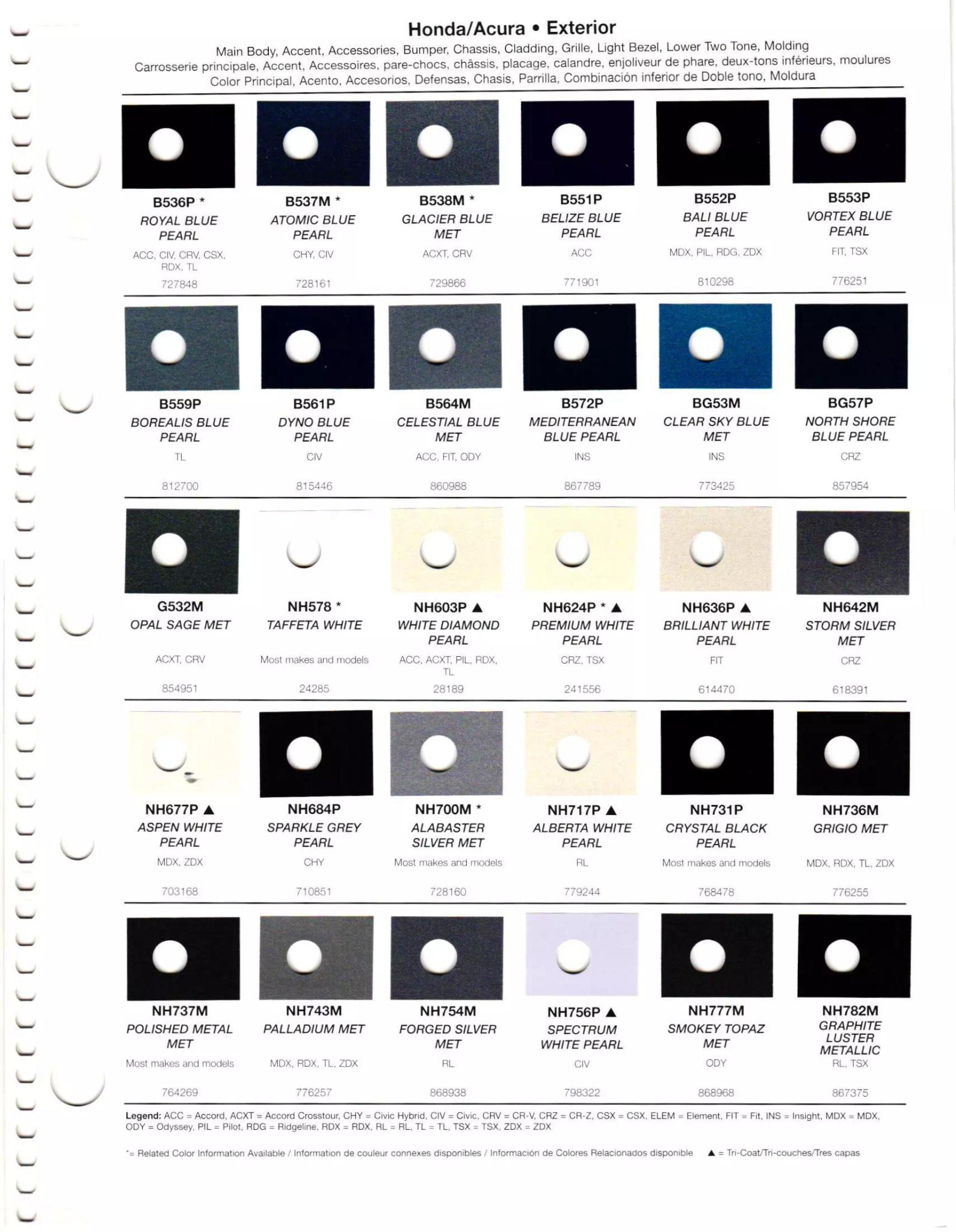 Exterior paint chips and their ordering codes for Honda and Acura Vehicles