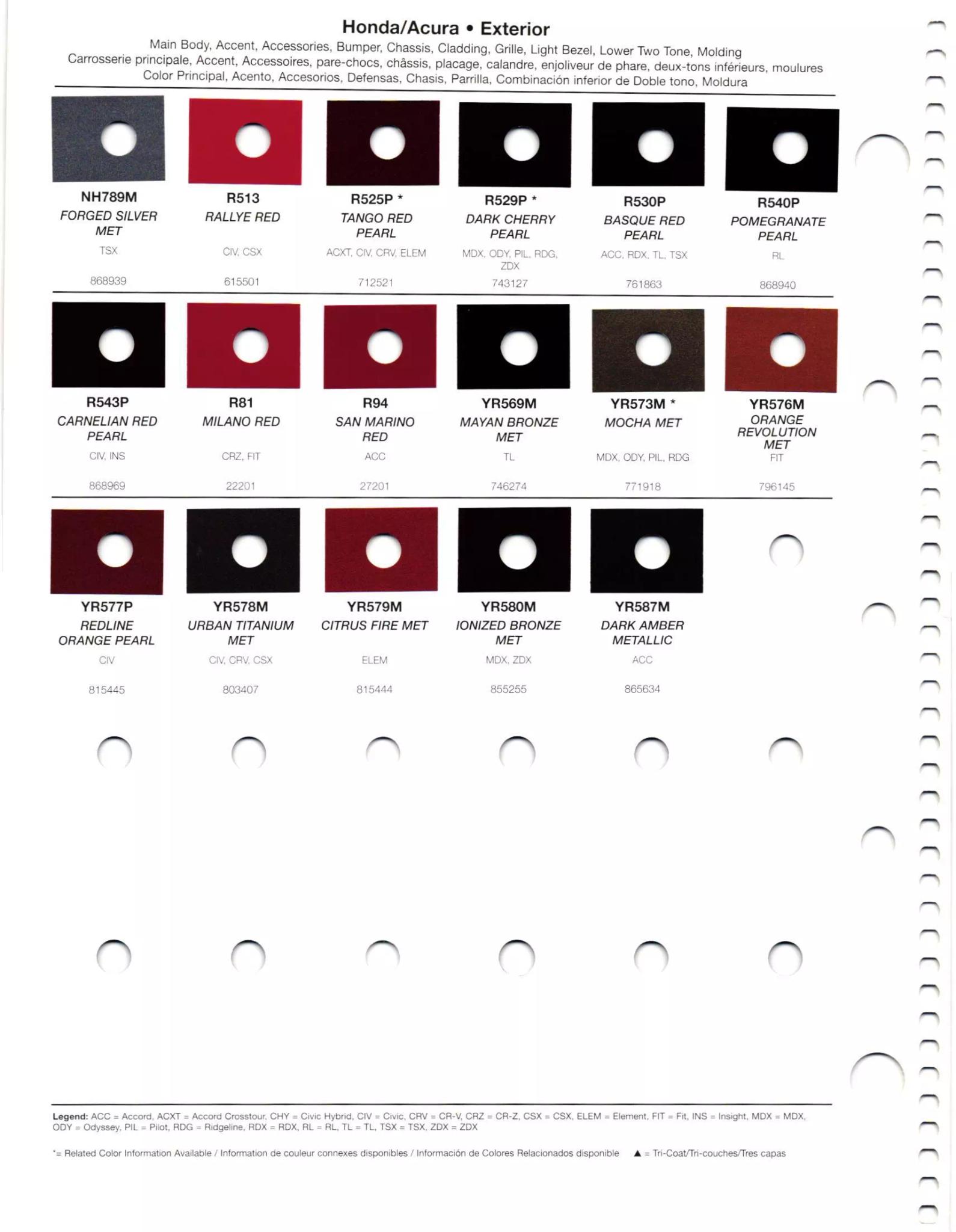 Exterior paint chips and their ordering codes for Honda and Acura Vehicles