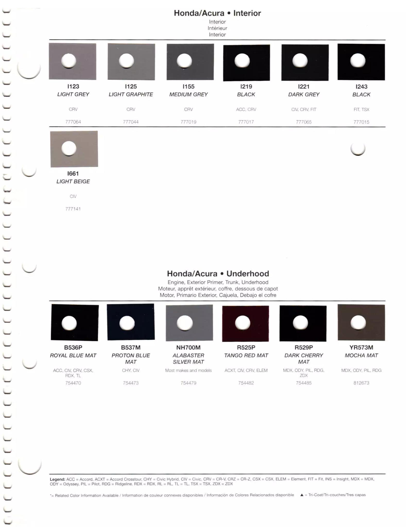 Exterior paint chips and their ordering codes for Honda and Acura Vehicles