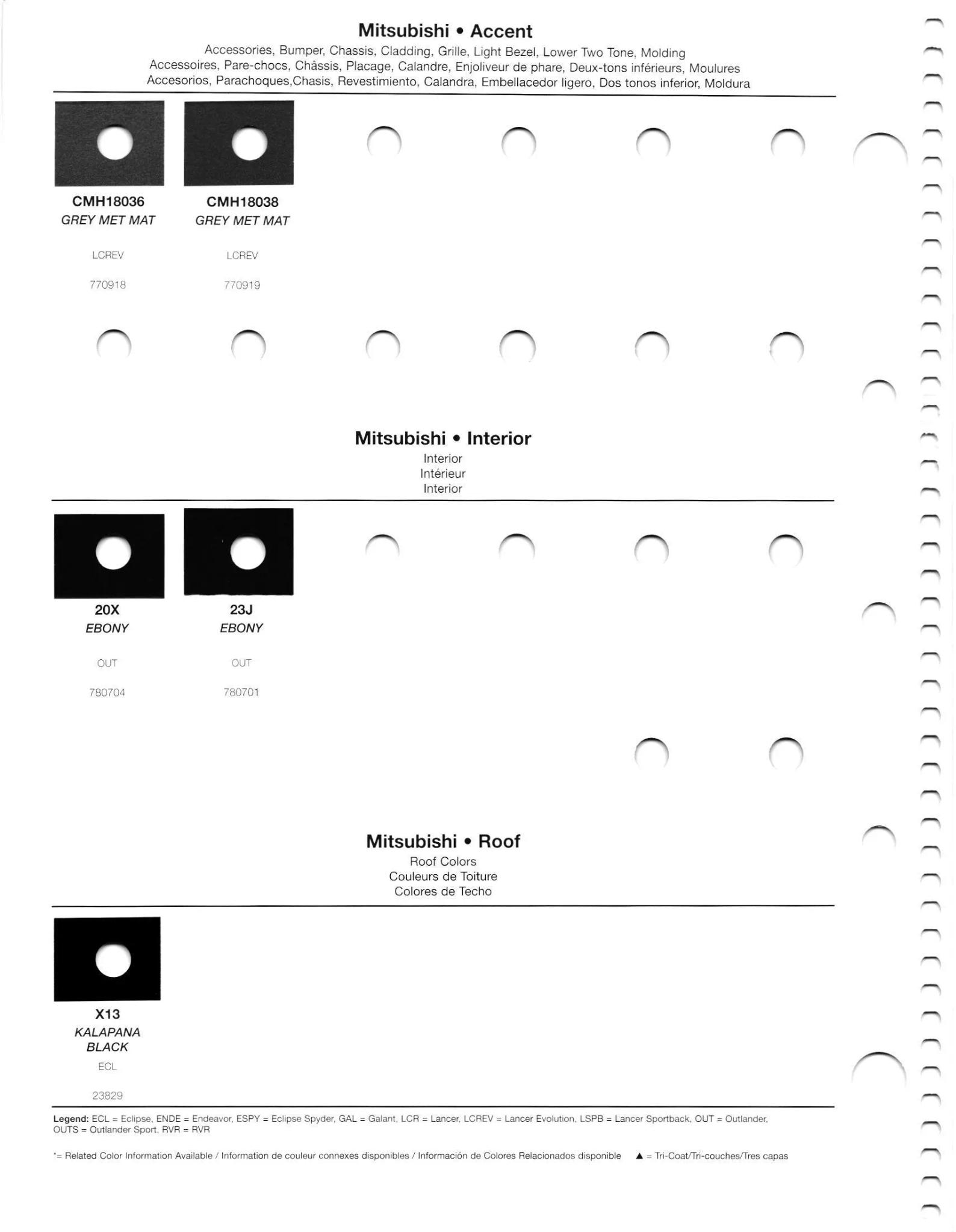 A paint code chart displaying various color swatches and corresponding codes. This chart is used to identify and select specific paint colors for mixing paint and or buying paint for your Mitsubishi vehicle. There are only so many paints used every year. This chart helps you decide what color it is.  