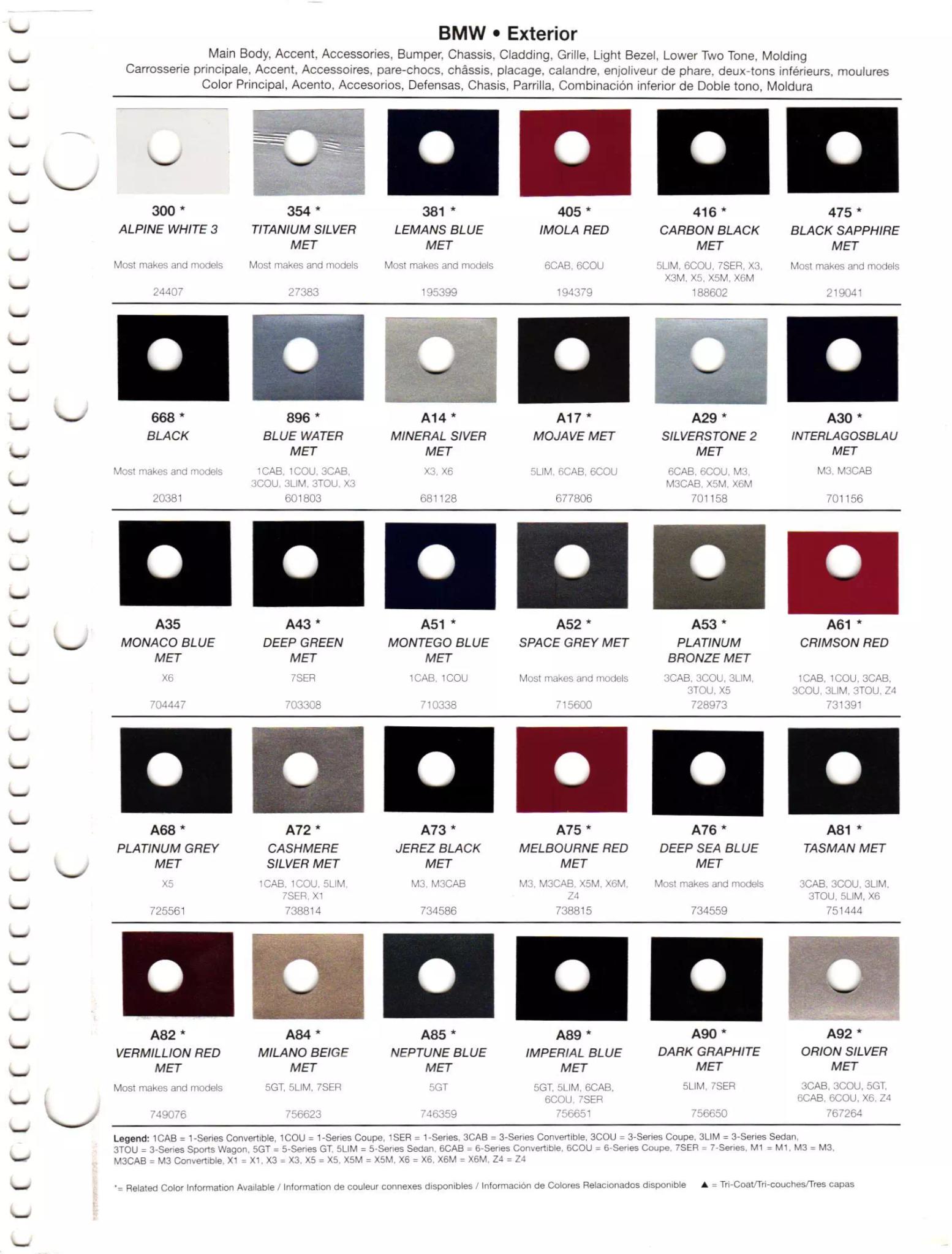2012 BMW Paint Codes & Color Chart exterior main body paint codes for BMW Vehicles used in 2012. Ordering codes, color shades, paint chips