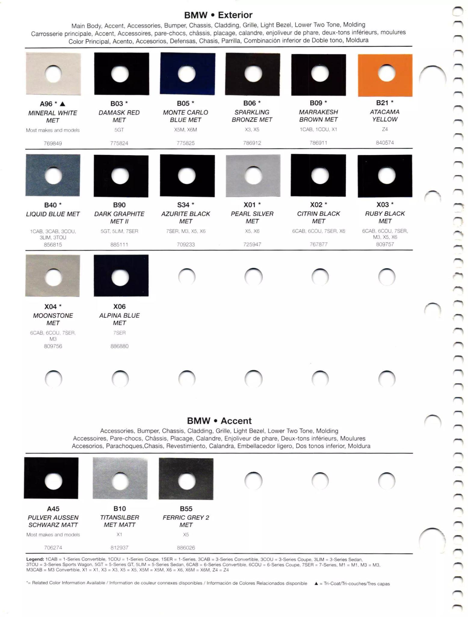 2012 BMW Paint Codes & Color Chart exterior main body paint codes for BMW Vehicles used in 2012. Ordering codes, color shades, paint chips