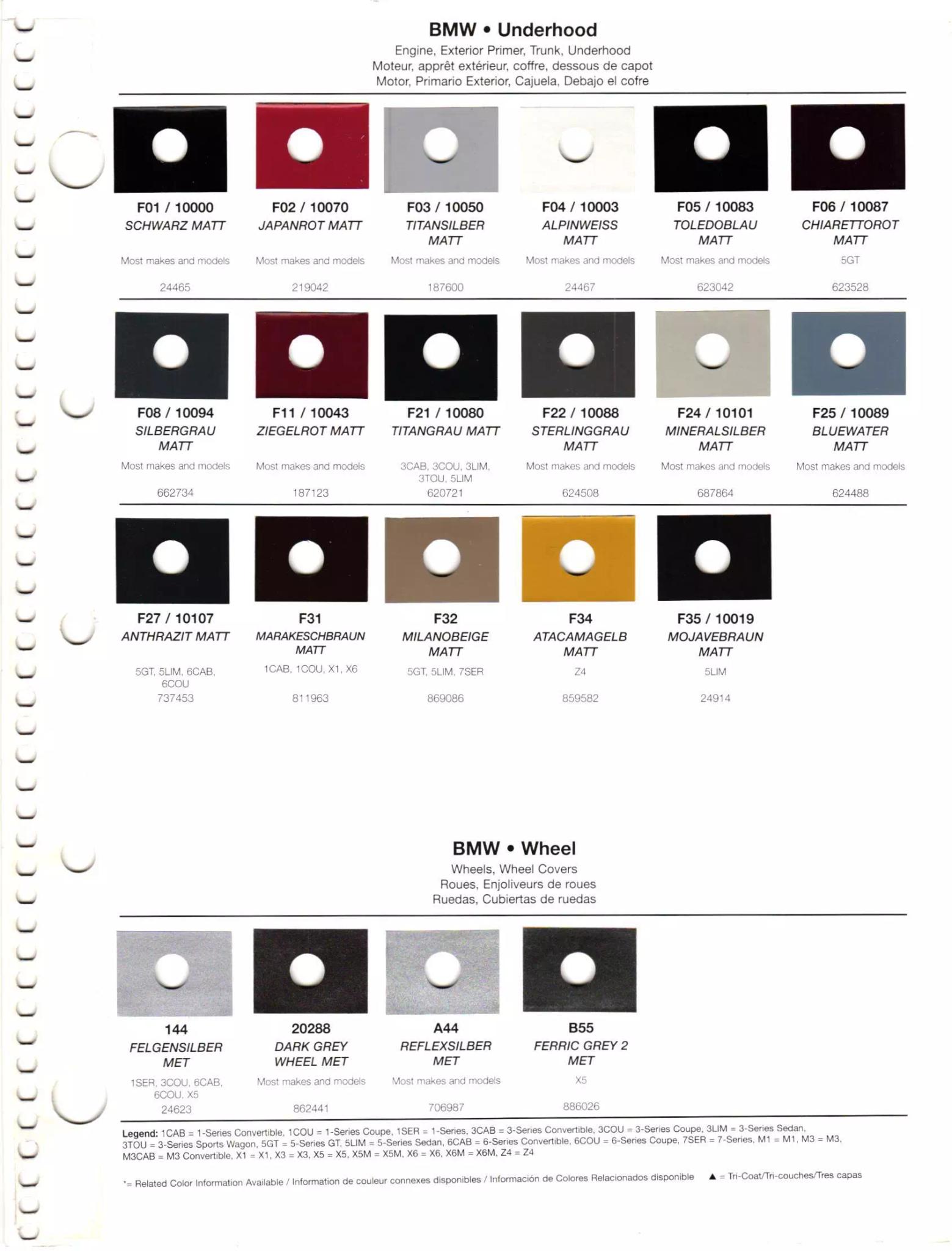 2012 BMW Paint Codes & Color Chart Underhood and Wheel paint codes for BMW Vehicles used in 2012. Ordering codes, color shades, paint chips