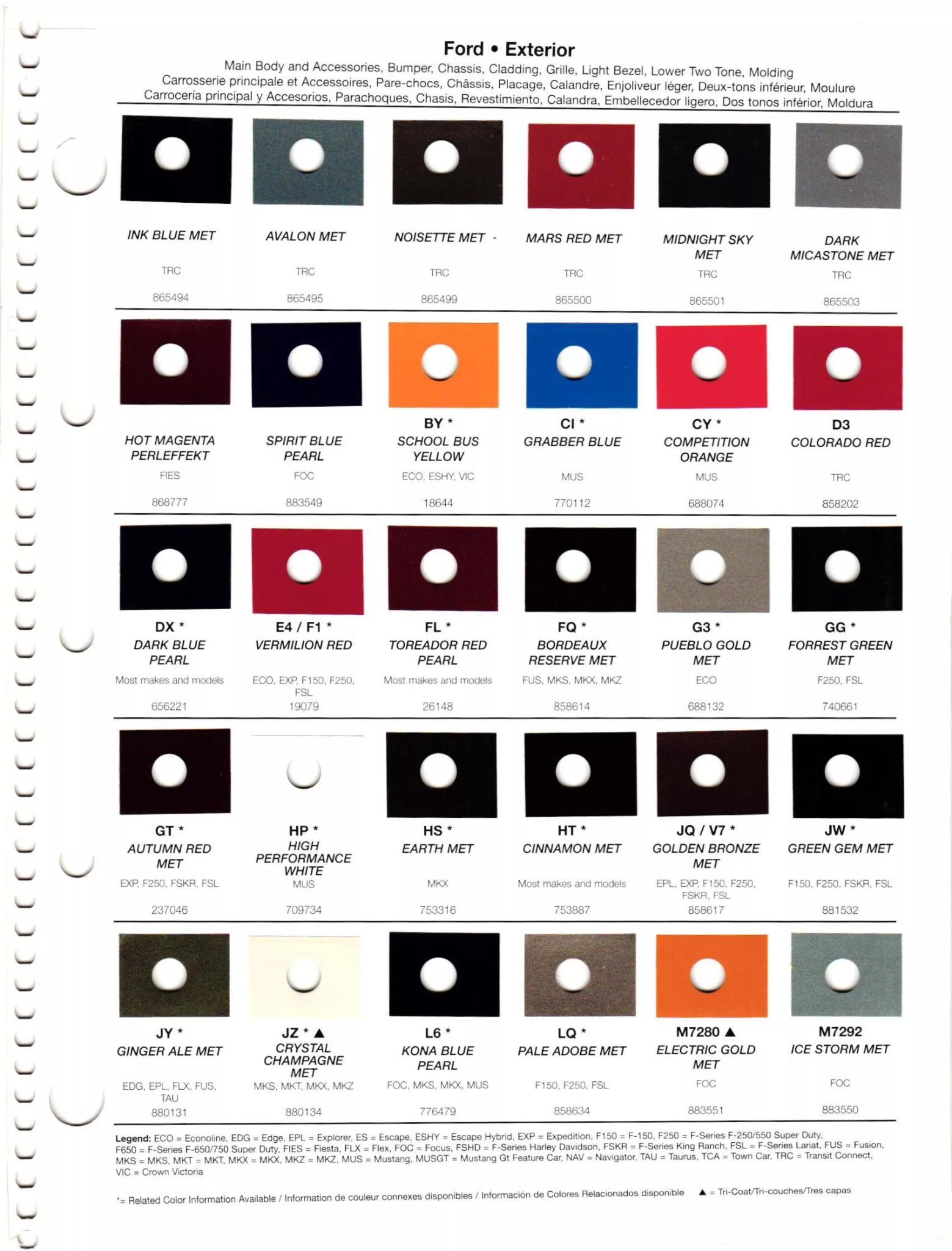 Paint codes, and their ordering stock numbers for their color on 2012 vehicles