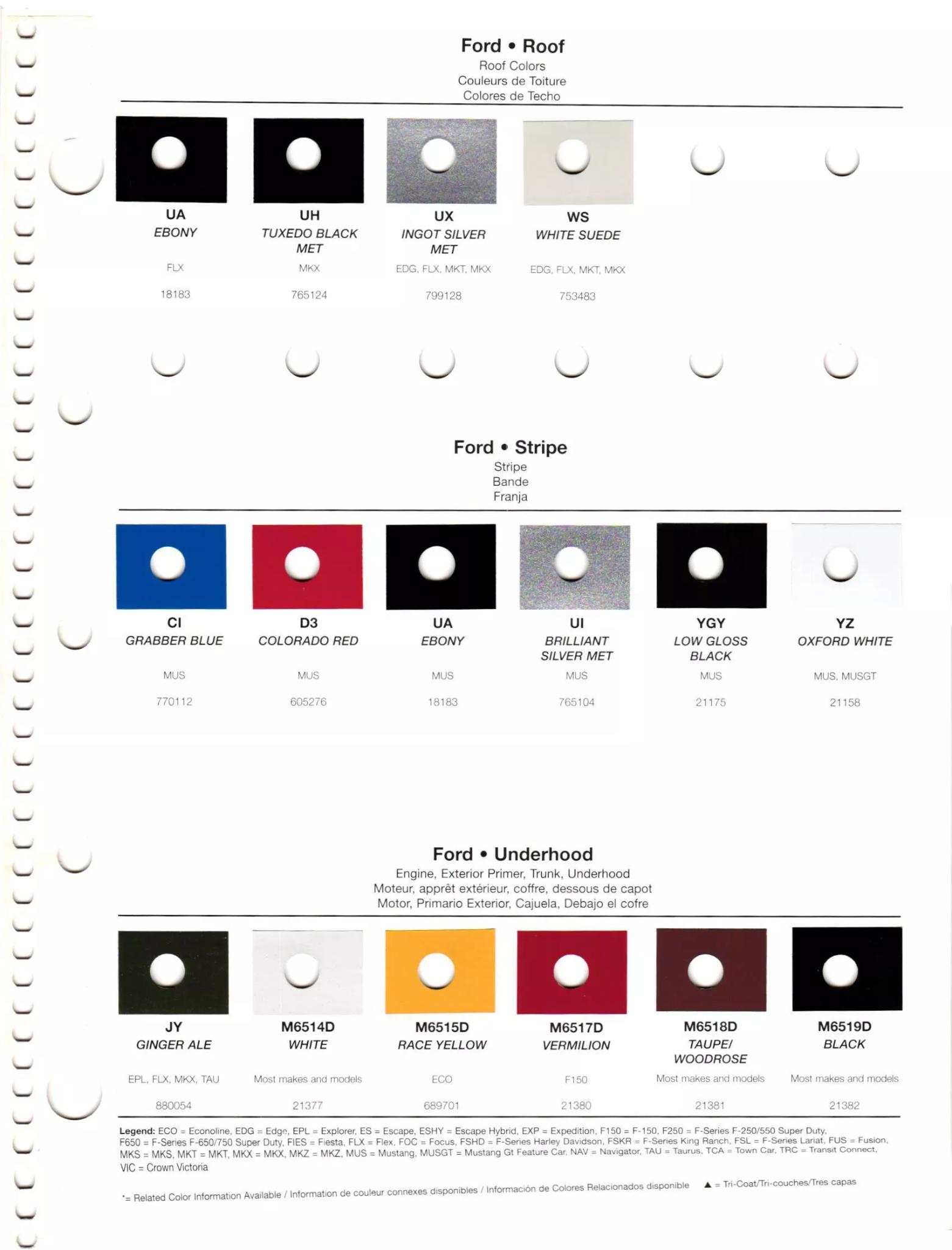 Paint codes, and their ordering stock numbers for their color on 2012 vehicles