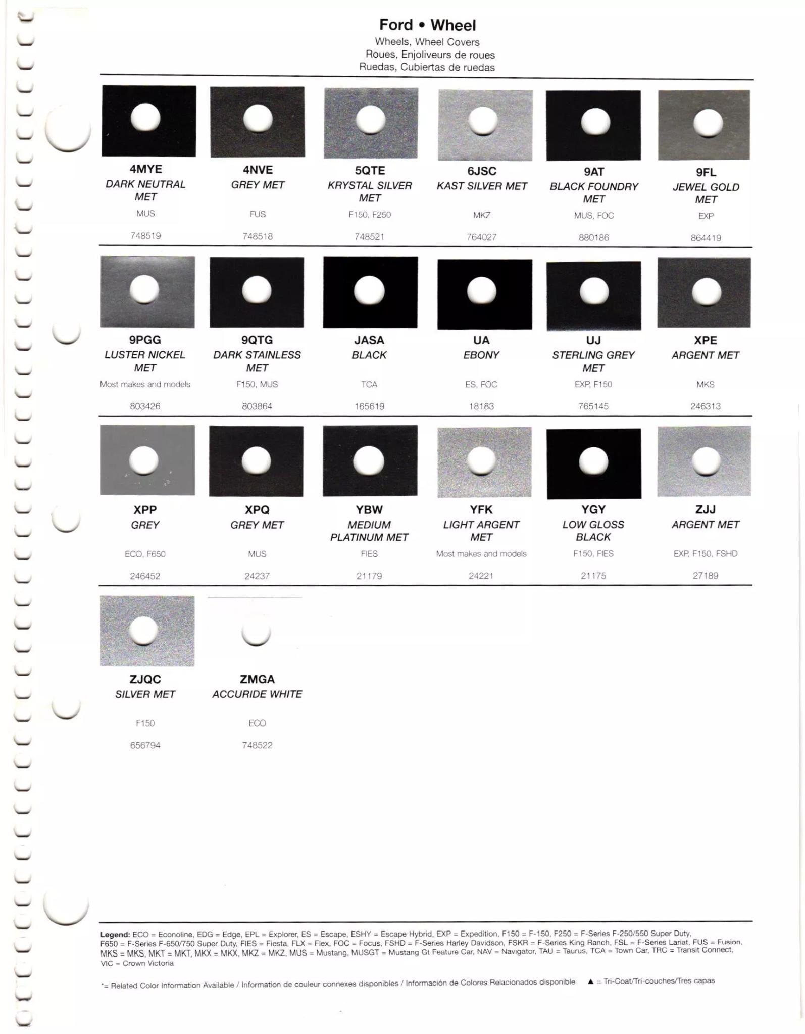 Paint codes, and their ordering stock numbers for their color on 2012 vehicles