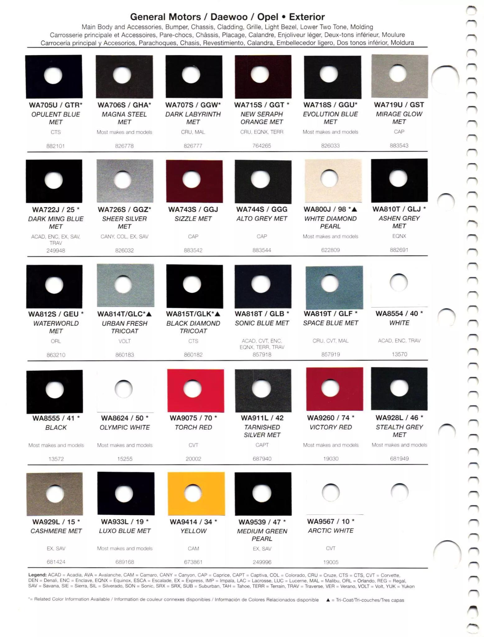 2012 General Motors Daewoo, Opel, GMC, Buick, Chevrolet & Cadillac Paint Colors Paint codes, and their ordering stock numbers for their color on 2012 vehicles