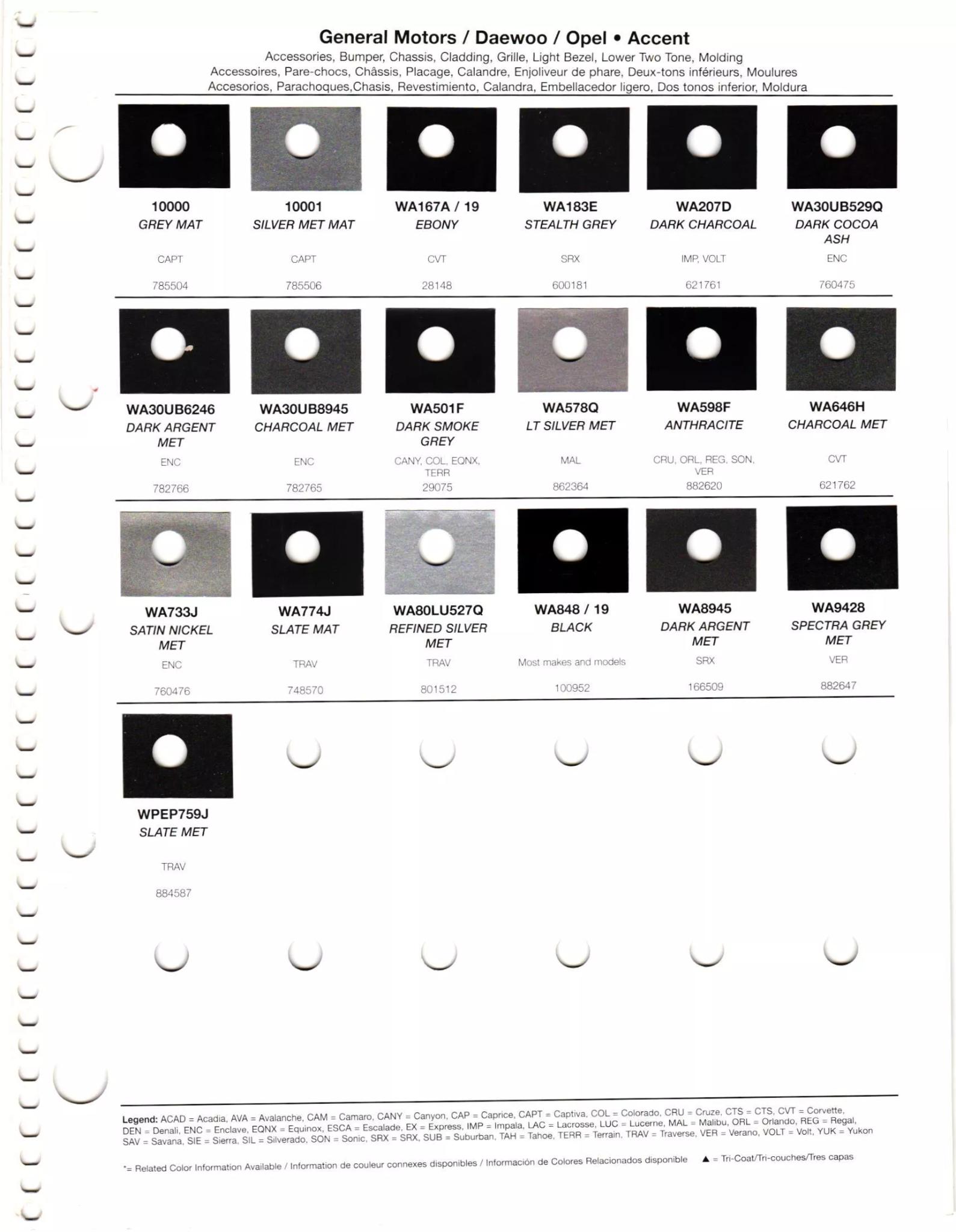 2012 General Motors Daewoo, Opel, GMC, Buick, Chevrolet & Cadillac Paint Colors Paint codes, and their ordering stock numbers for their color on 2012 vehicles