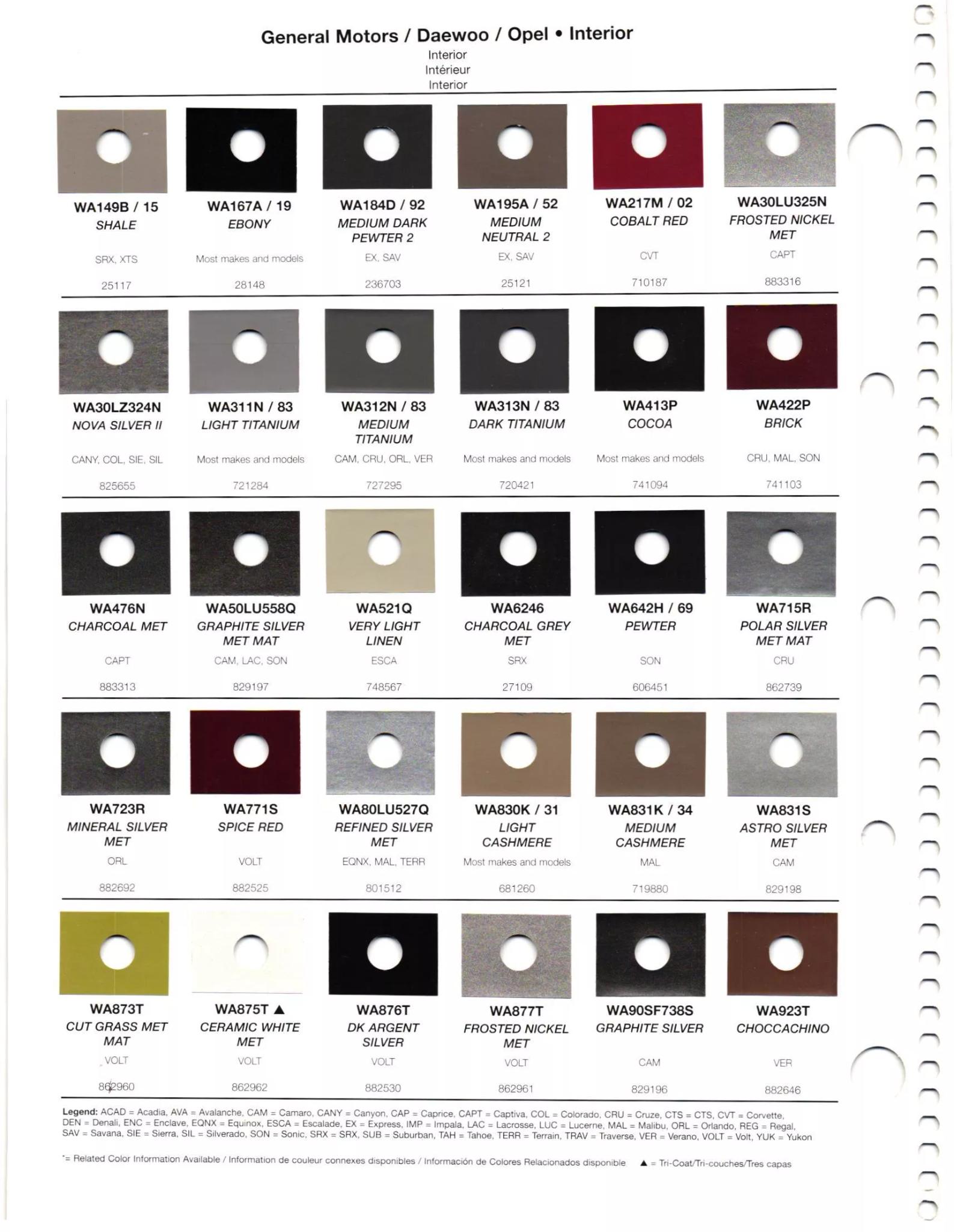 2012 General Motors Daewoo, Opel, GMC, Buick, Chevrolet & Cadillac Paint Colors Paint codes, and their ordering stock numbers for their color on 2012 vehicles