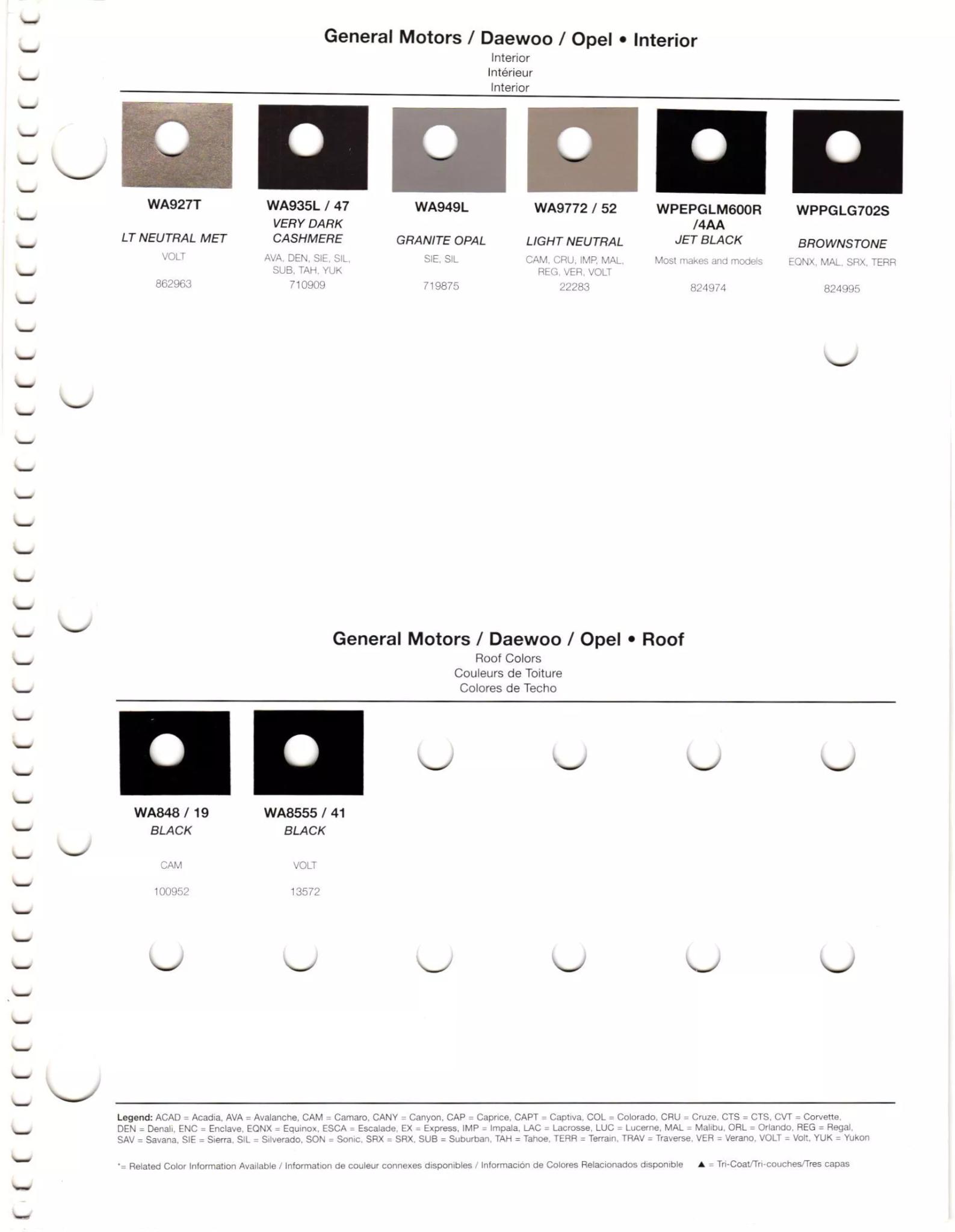 2012 General Motors Daewoo, Opel, GMC, Buick, Chevrolet & Cadillac Paint Colors Paint codes, and their ordering stock numbers for their color on 2012 vehicles