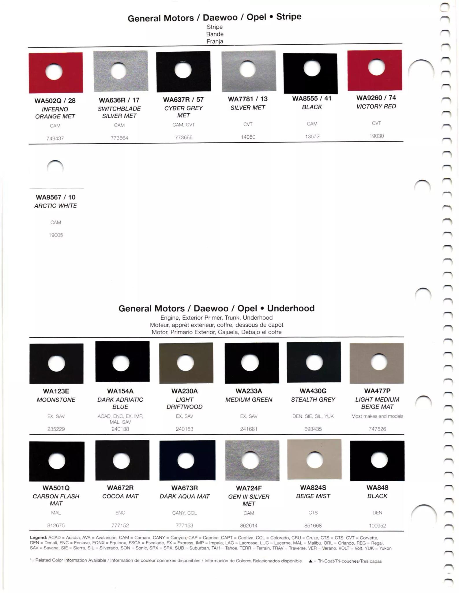 2012 General Motors Daewoo, Opel, GMC, Buick, Chevrolet & Cadillac Paint Colors Paint codes, and their ordering stock numbers for their color on 2012 vehicles