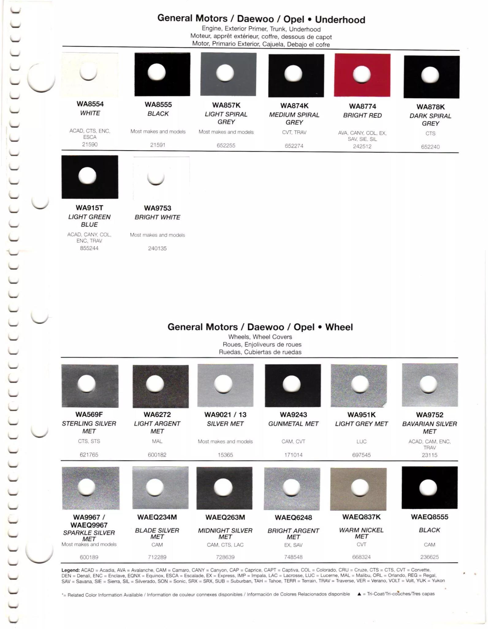 2012 General Motors Daewoo, Opel, GMC, Buick, Chevrolet & Cadillac Paint Colors Paint codes, and their ordering stock numbers for their color on 2012 vehicles